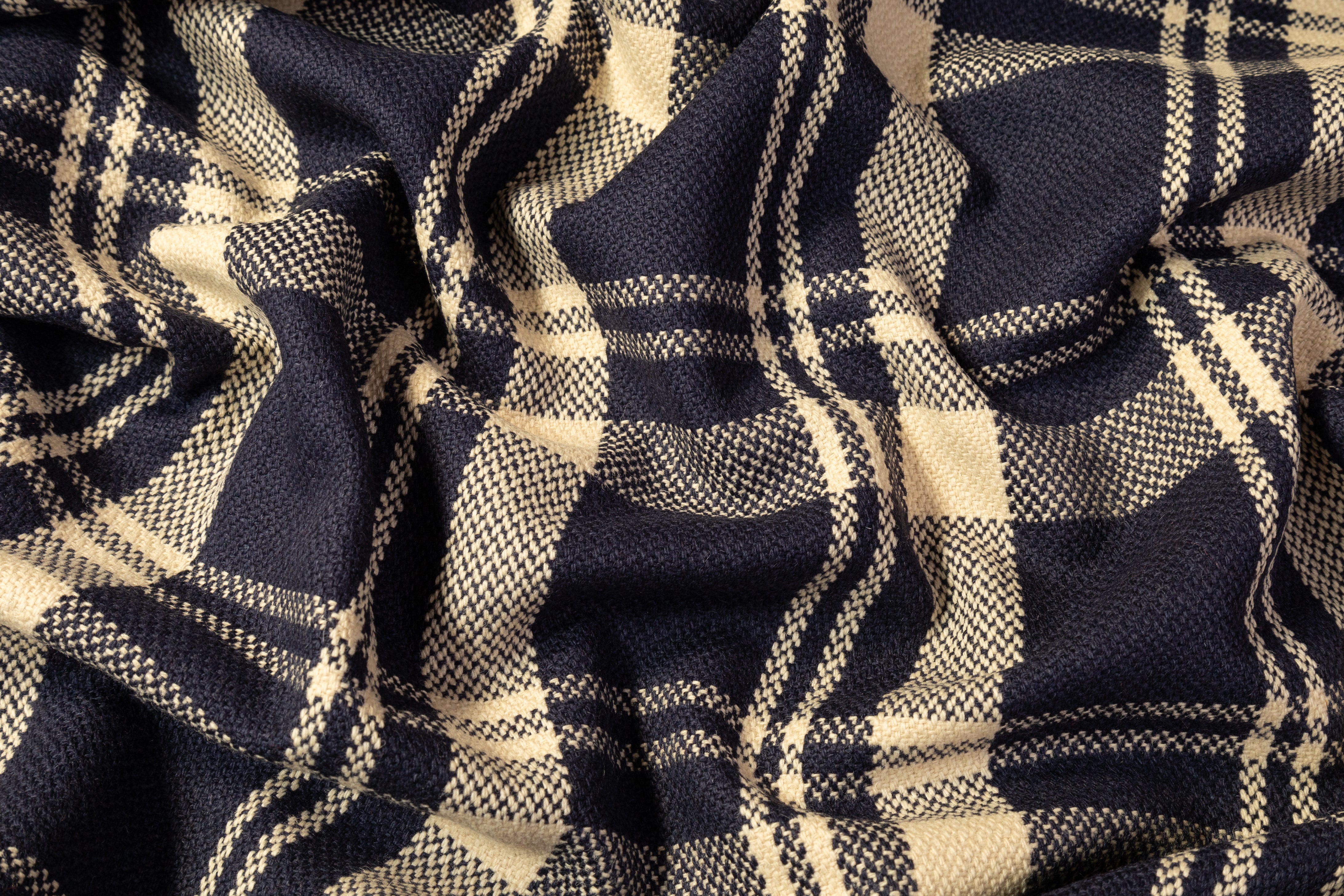 Plaid Italian Wool Coating - Navy / Cream