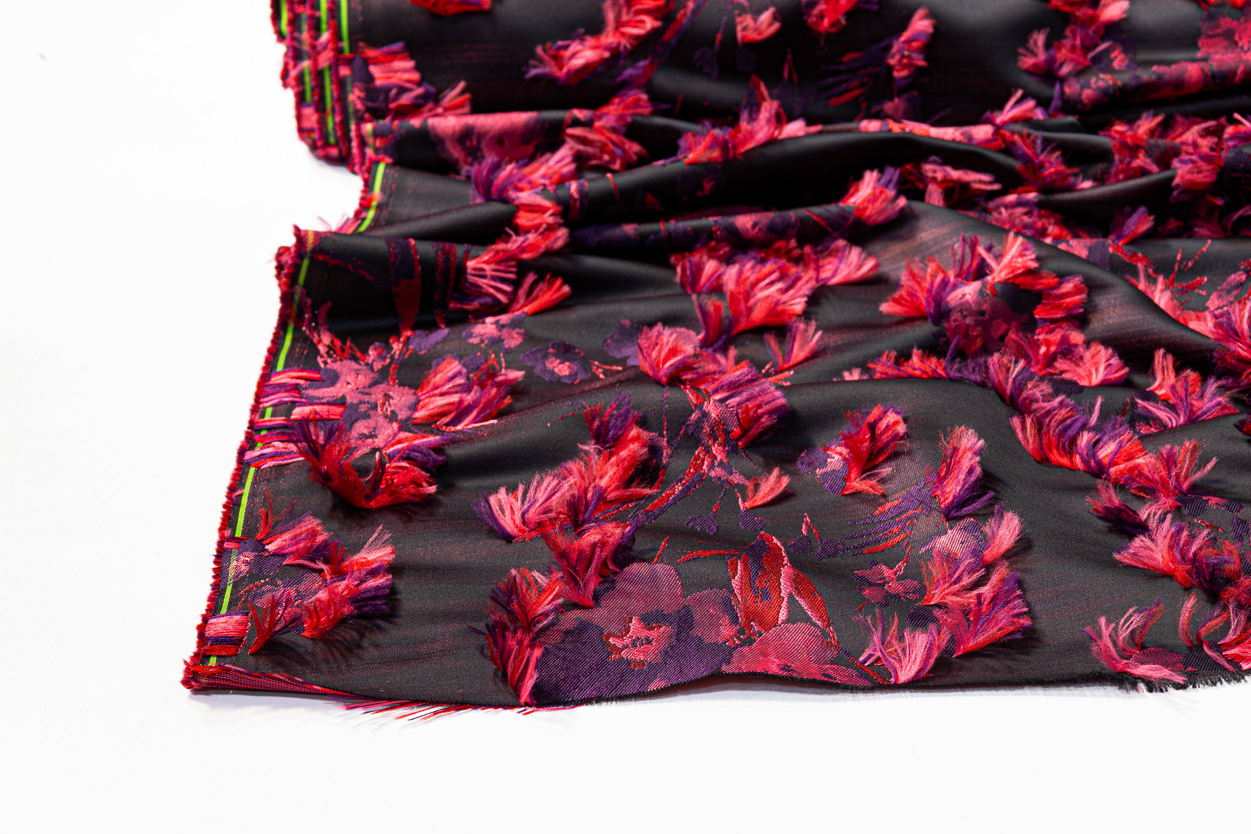 Floral Fringed Italian Satin Brocade - Black / Pink / Red / Purple