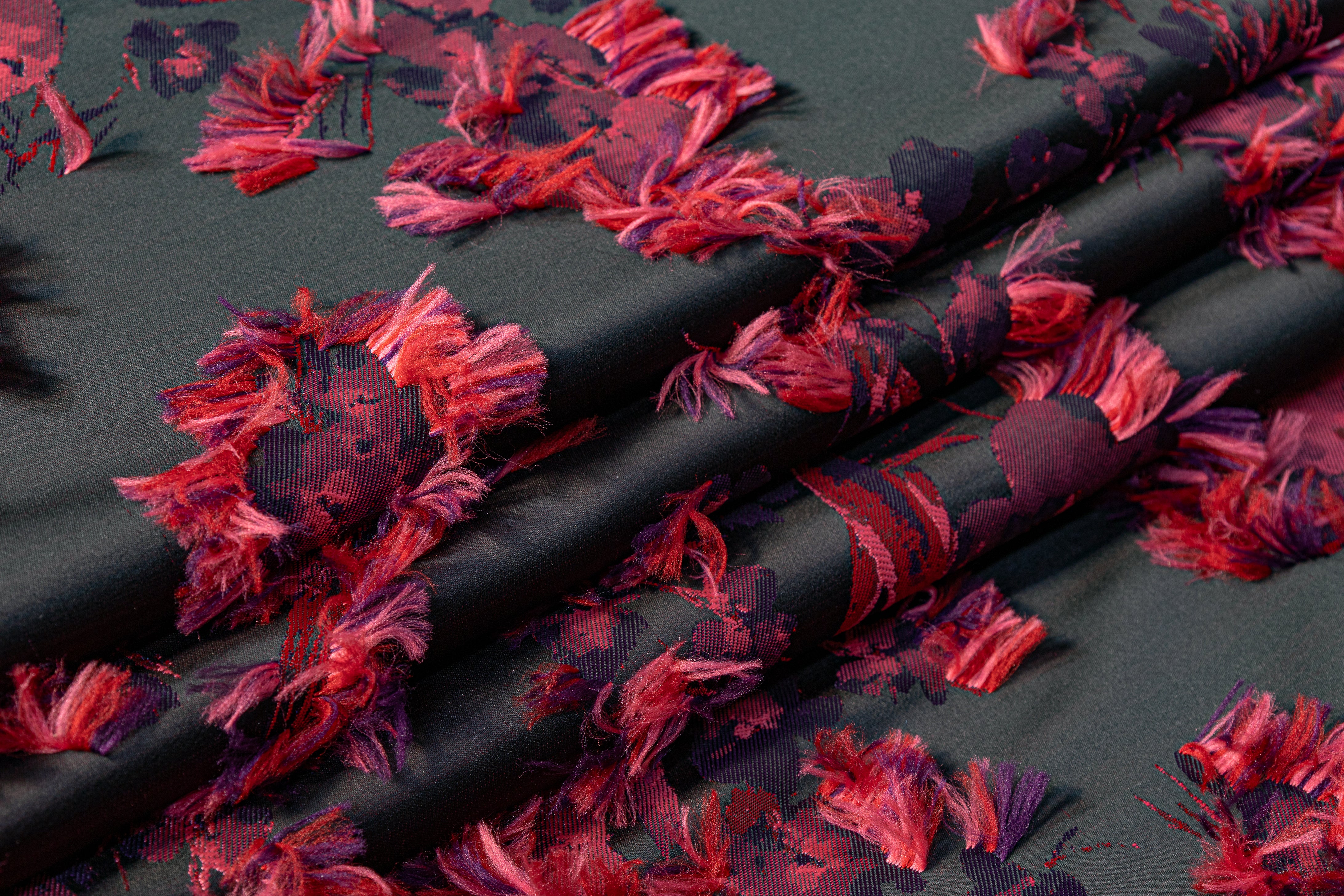 Floral Fringed Italian Satin Brocade - Black / Pink / Red / Purple