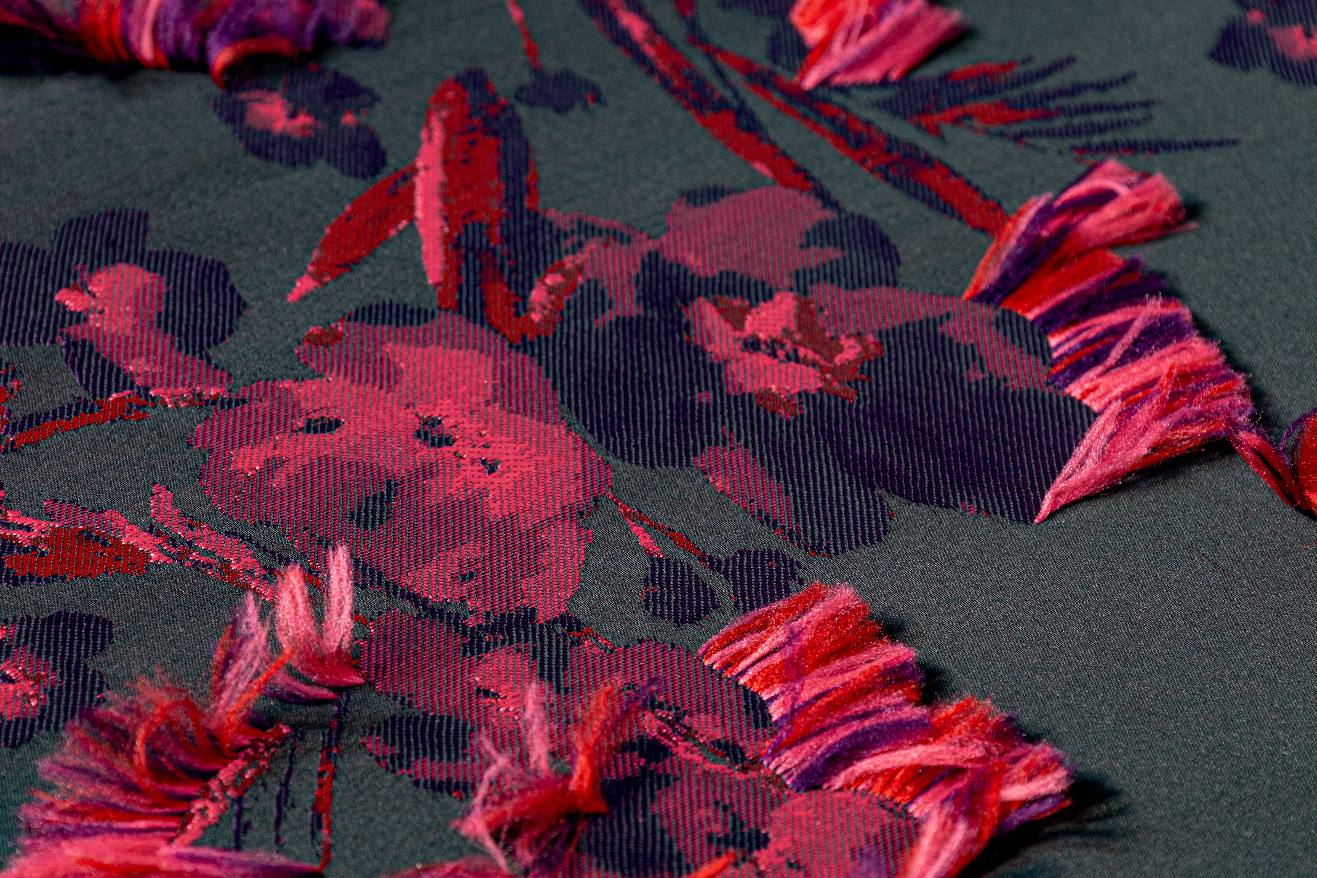 Floral Fringed Italian Satin Brocade - Black / Pink / Red / Purple