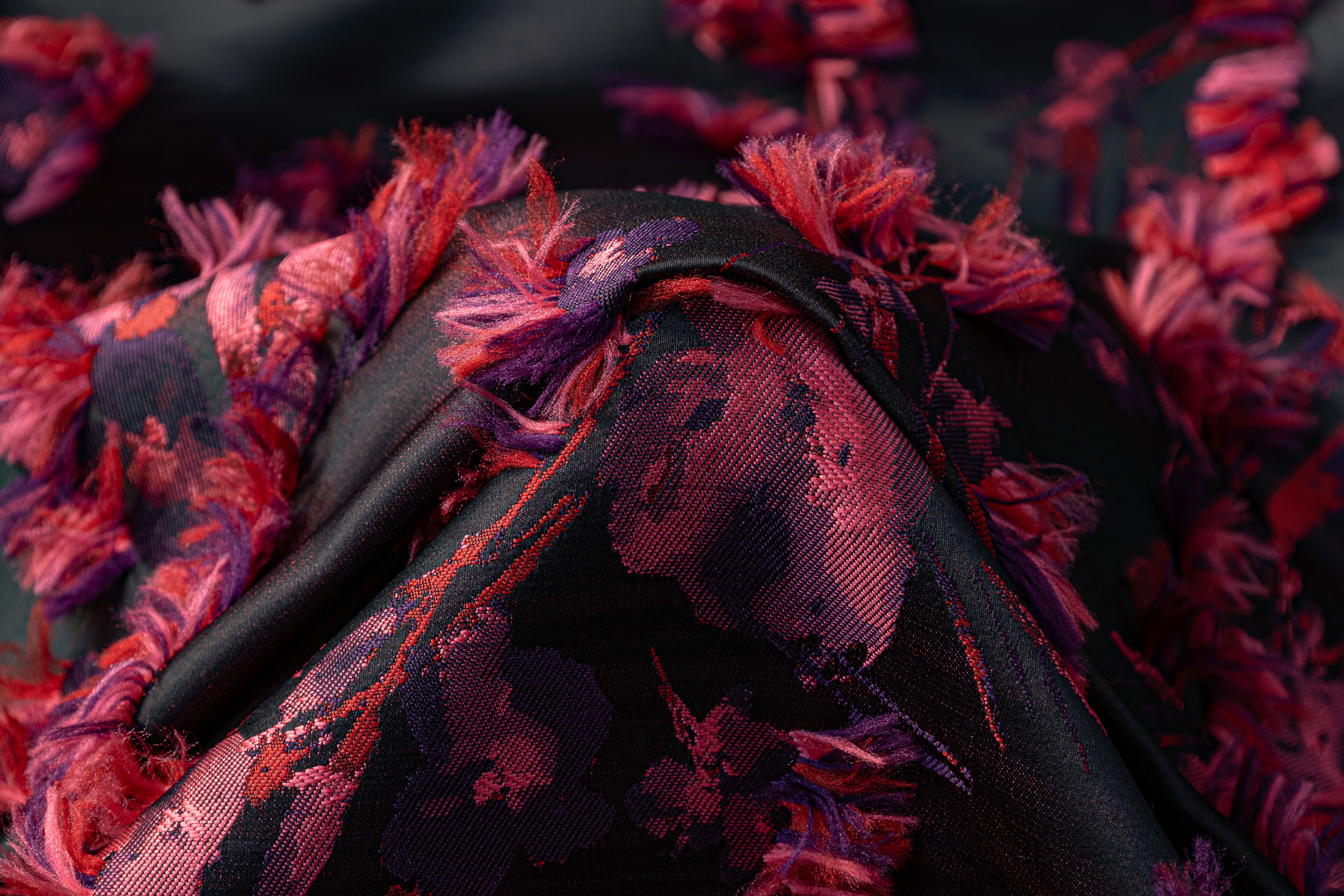 Floral Fringed Italian Satin Brocade - Black / Pink / Red / Purple