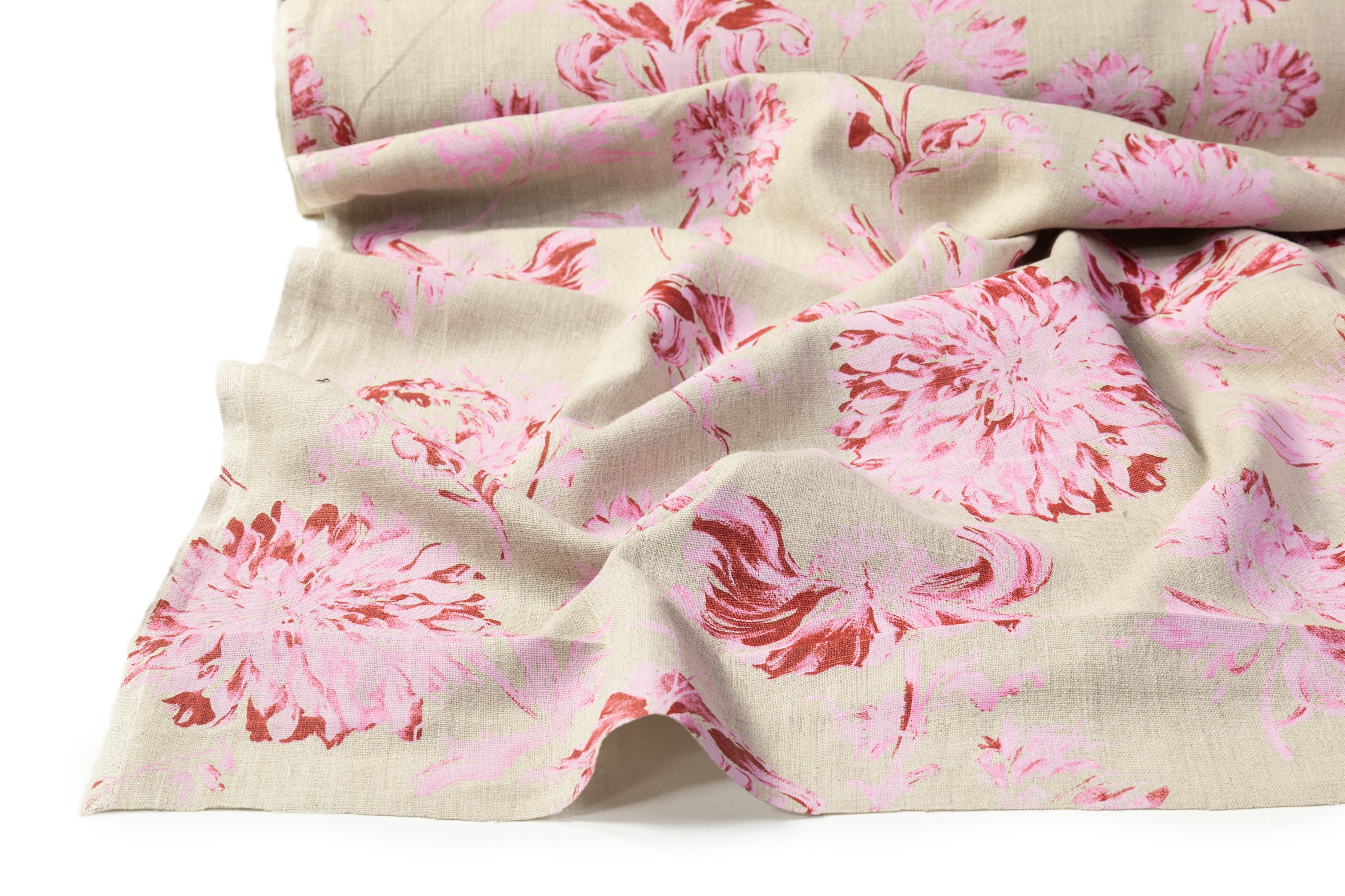 Floral Italian Linen - Taupe / Pink