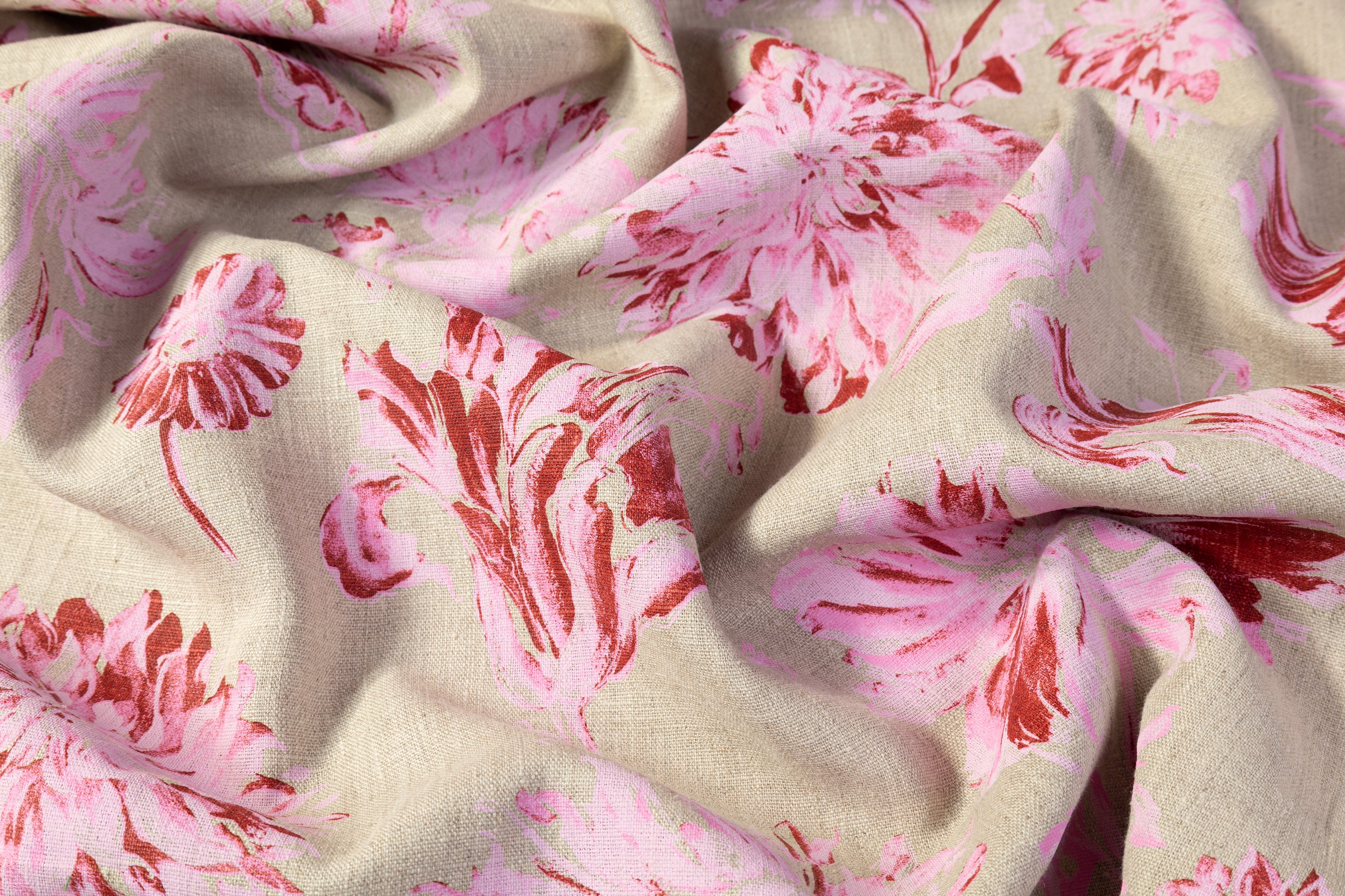 Floral Italian Linen - Taupe / Pink