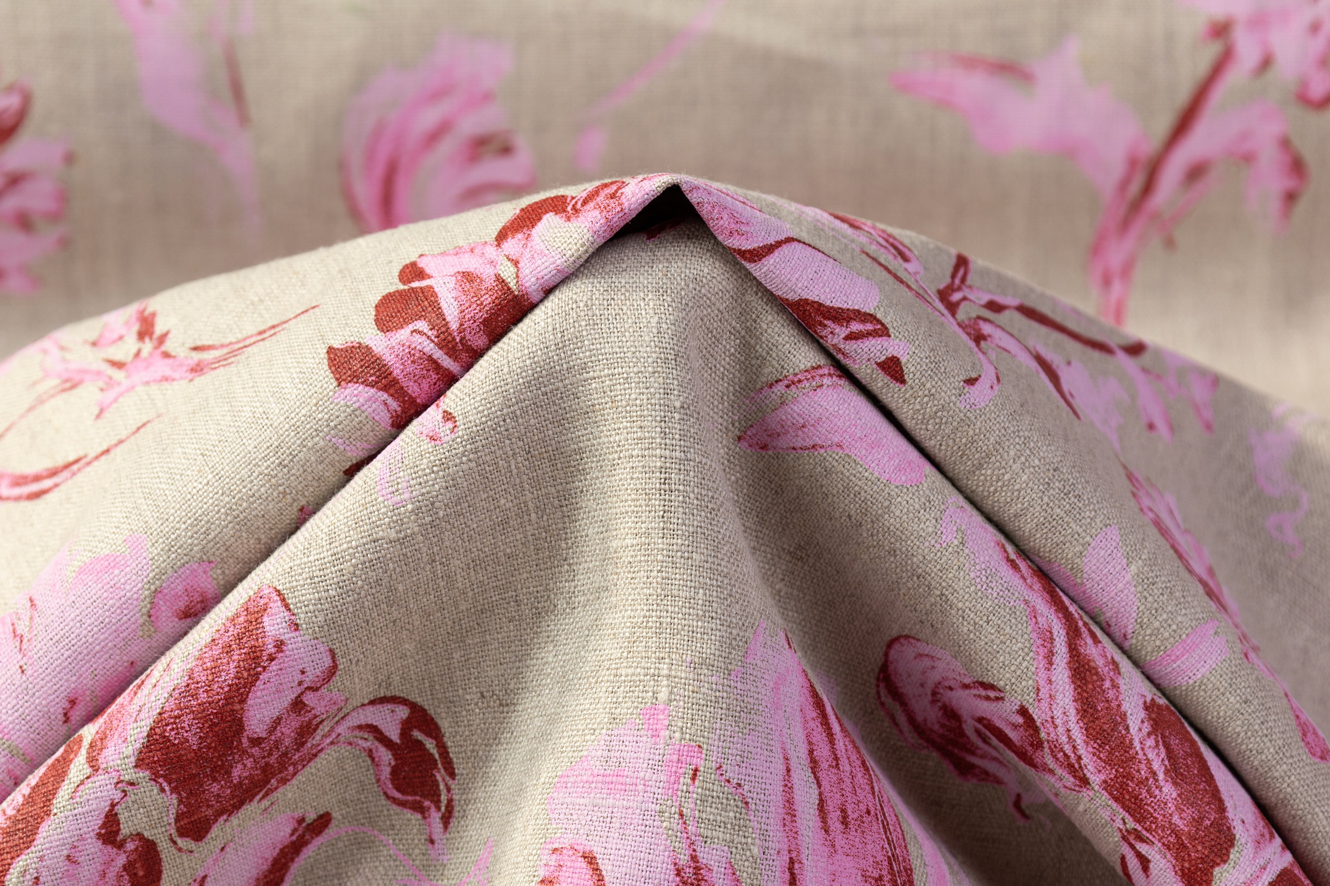 Floral Italian Linen - Taupe / Pink