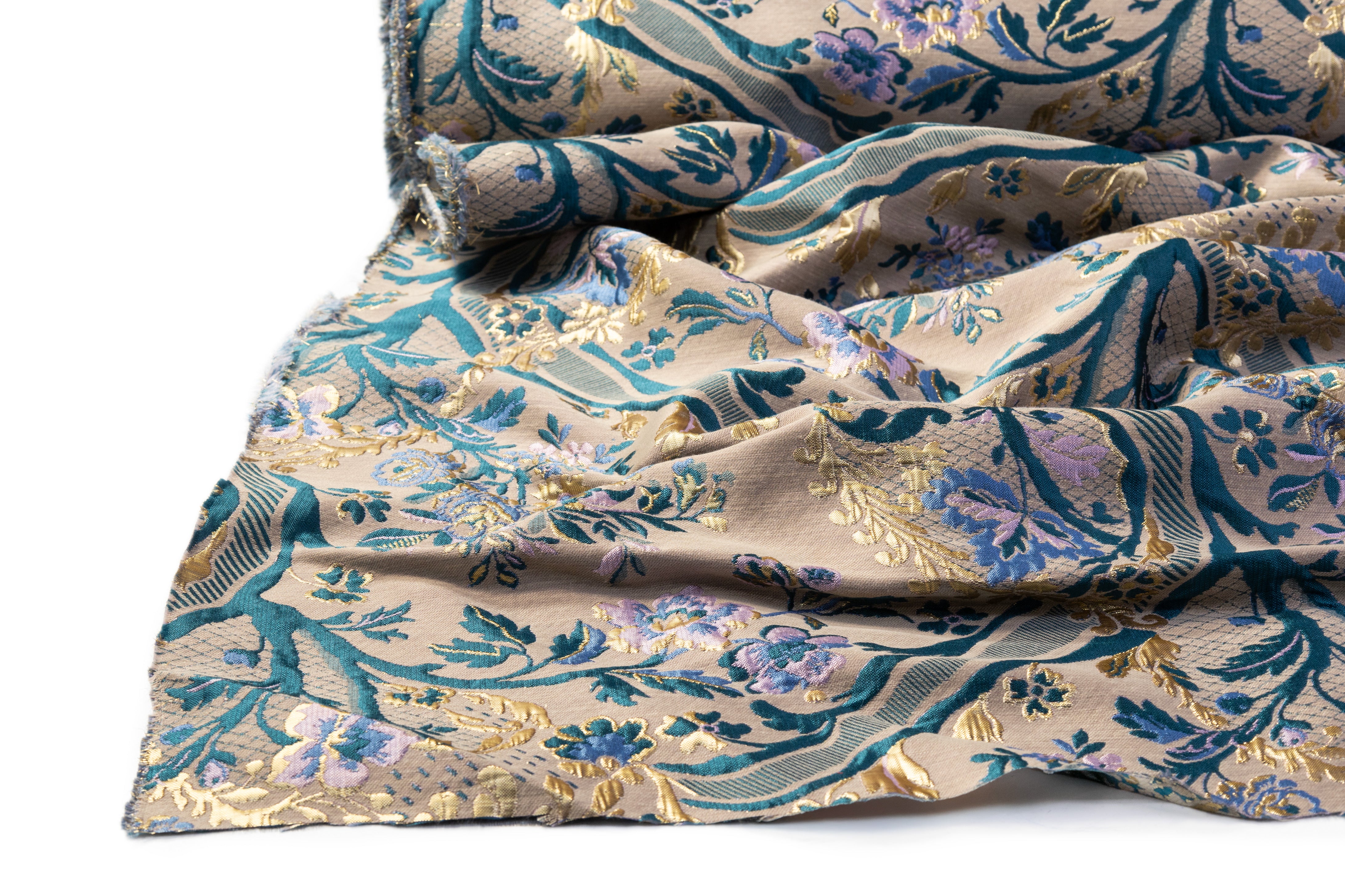Floral Metallic Italian Brocade - Teal / Gold