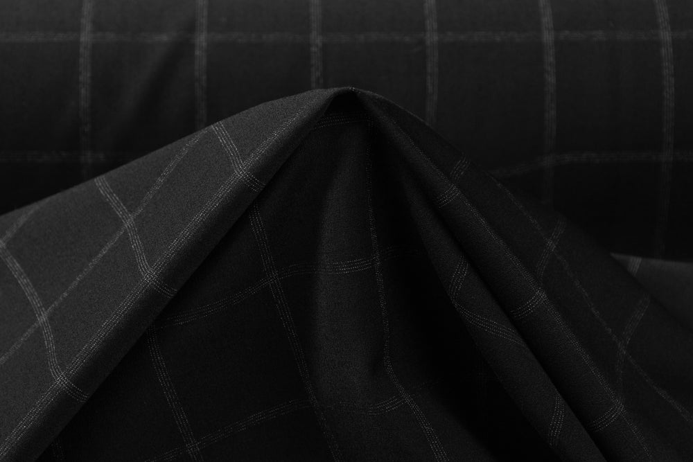 Windowpane Italian Wool Blend Suiting - Black