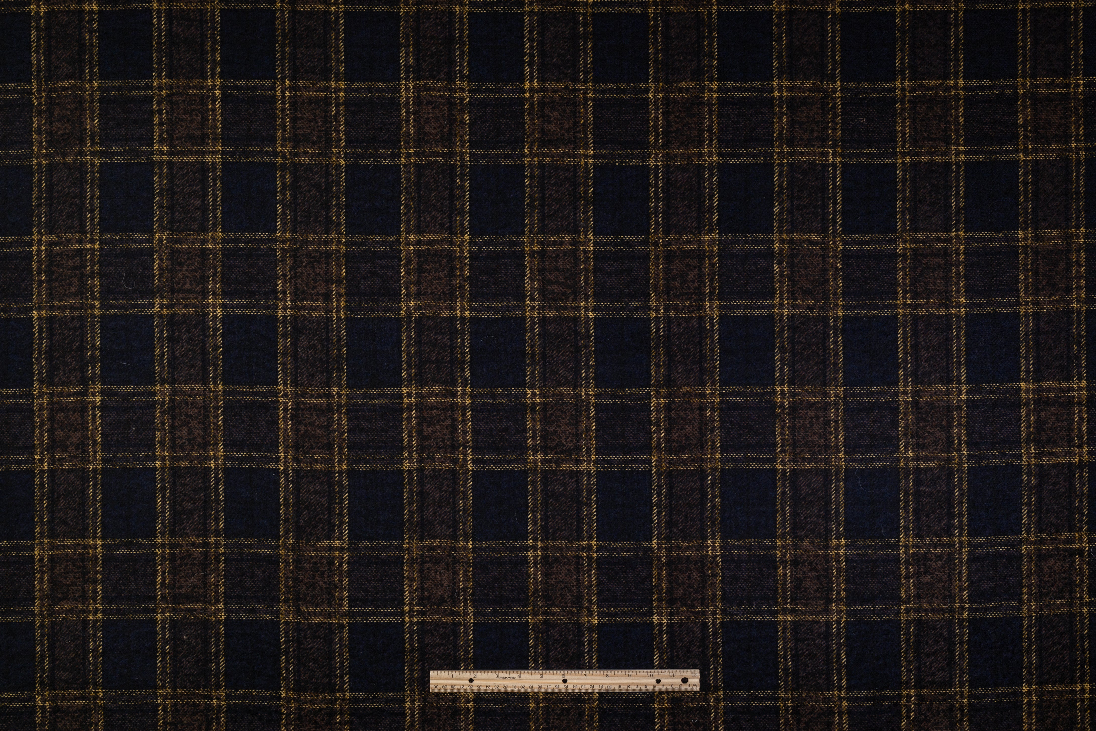 Checked Italian Wool Tweed Boucle - Navy / Yellow / Brown
