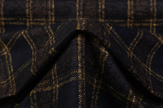 Checked Italian Wool Tweed Boucle - Navy / Yellow / Brown
