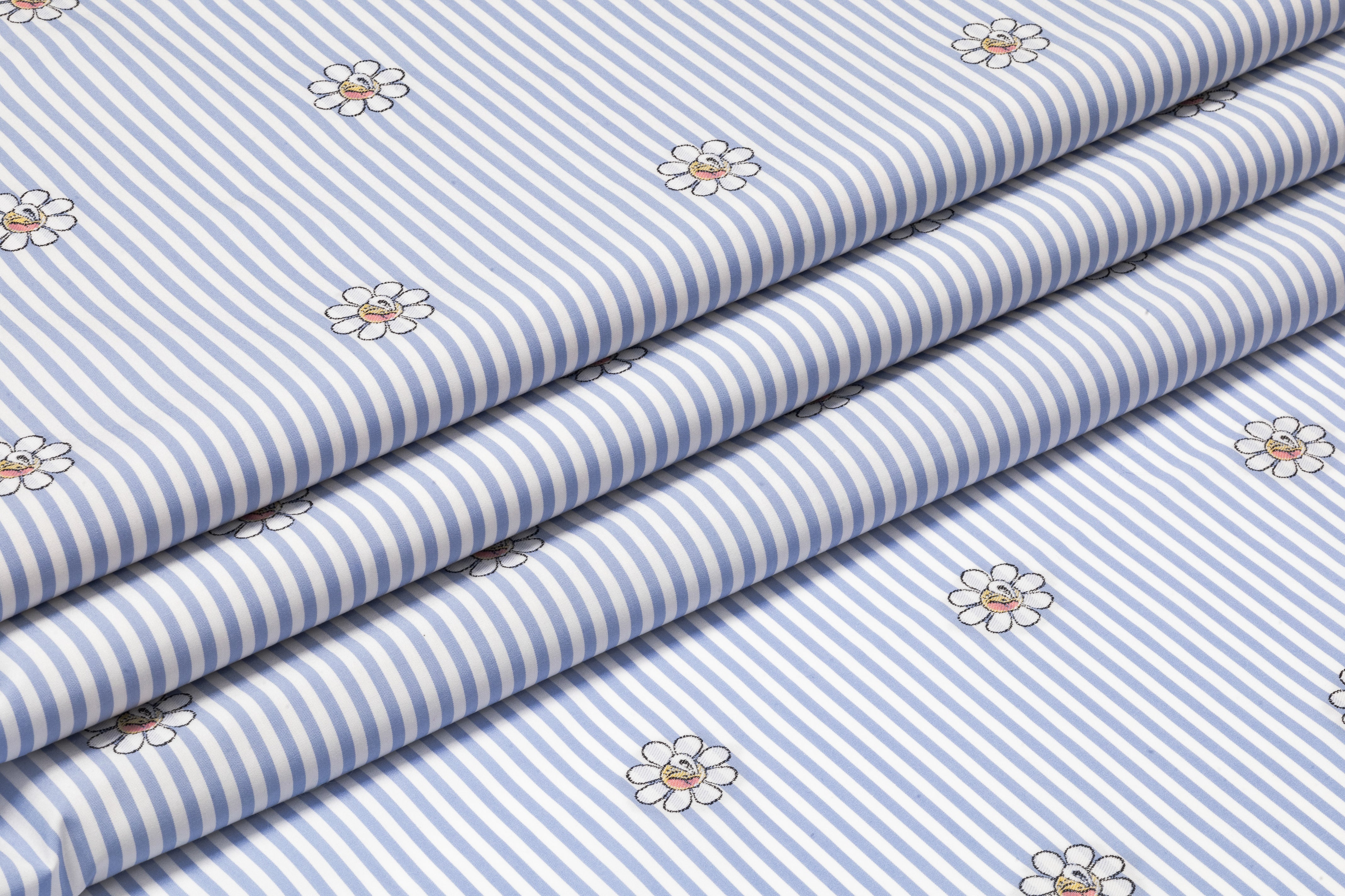 Embroidered Italian Cotton Shirting - Carolina Blue / White