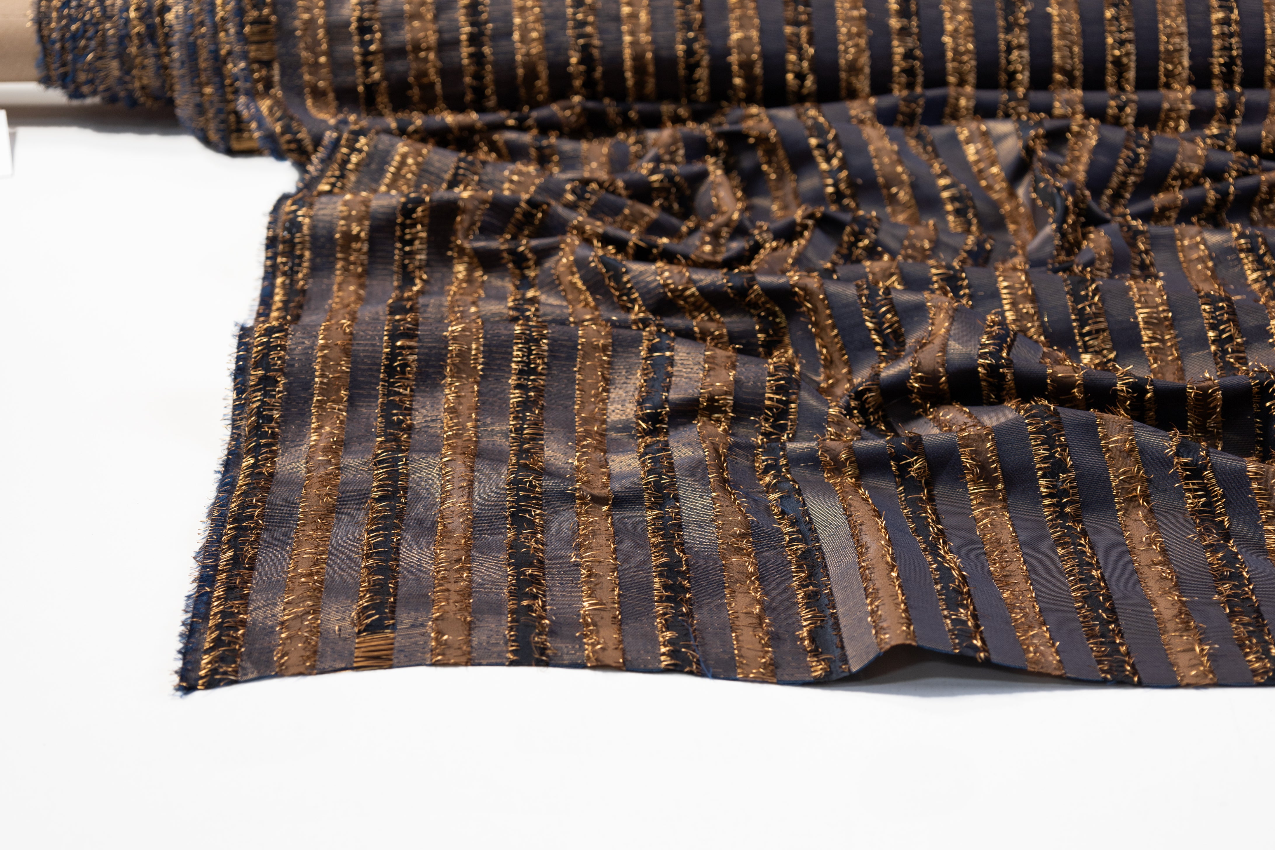 Striped Metallic Fringed Italian Jacquard - Navy / Dark Gold