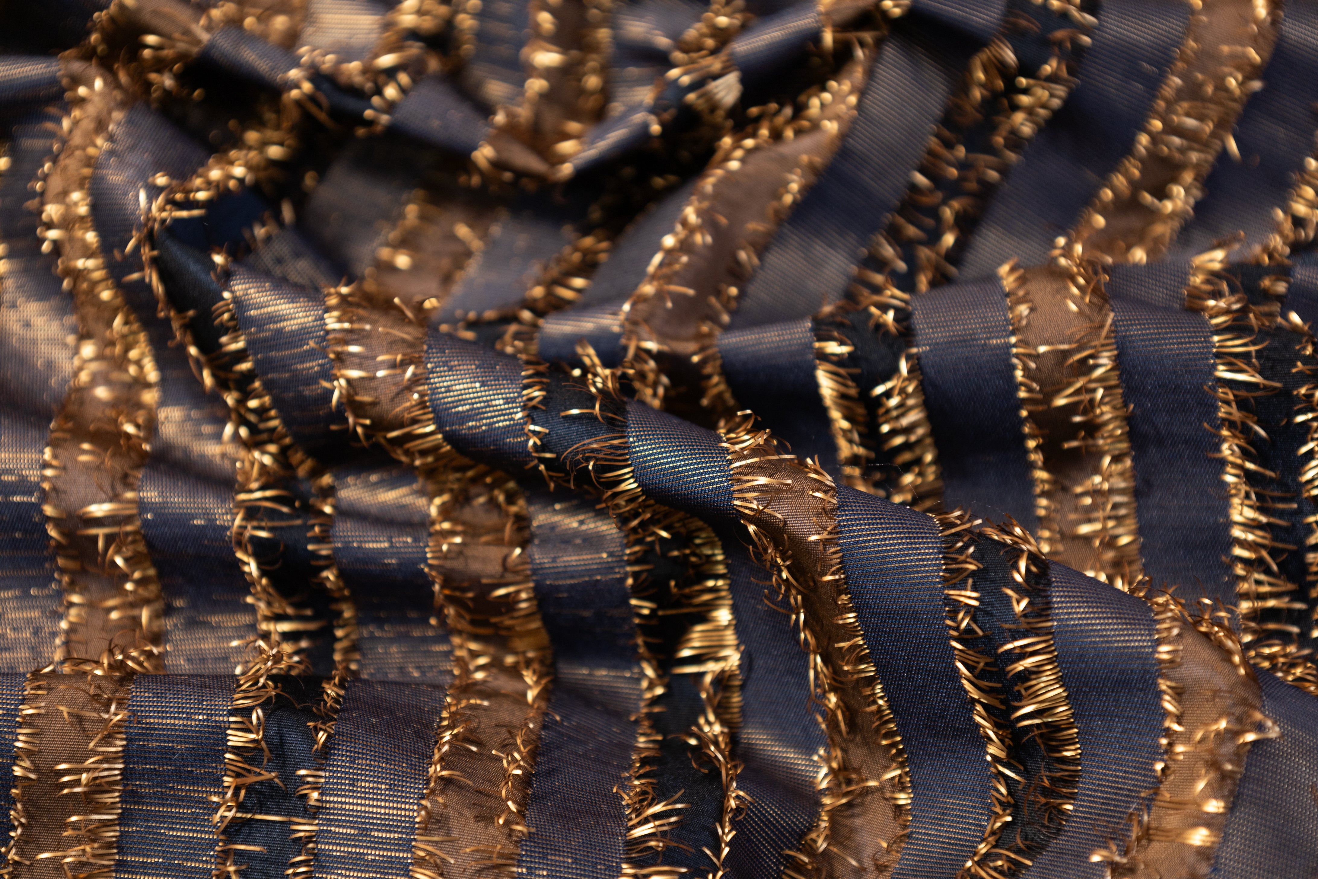 Striped Metallic Fringed Italian Jacquard - Navy / Dark Gold