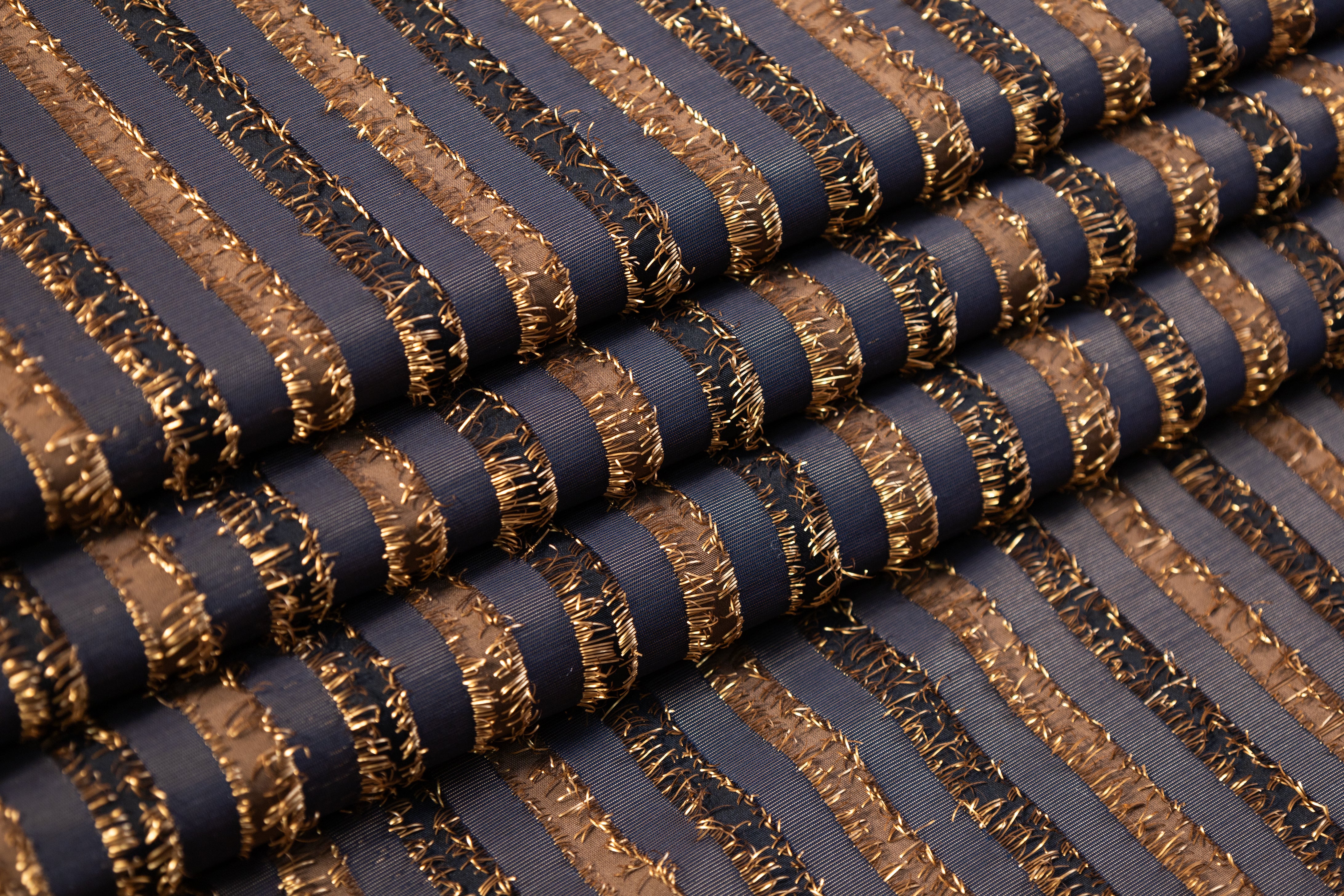 Striped Metallic Fringed Italian Jacquard - Navy / Dark Gold