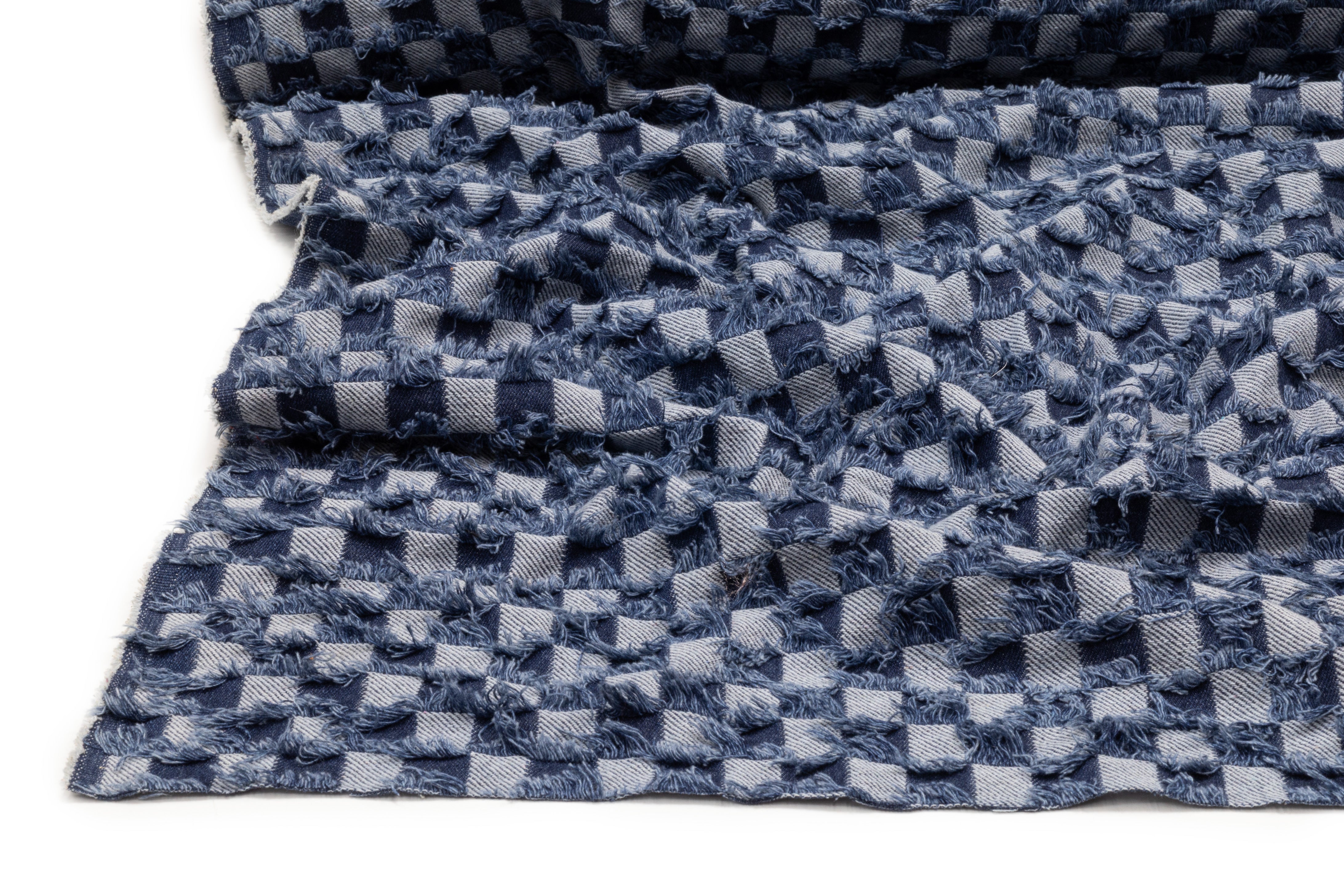 Fringed Checked Italian Denim - Blue