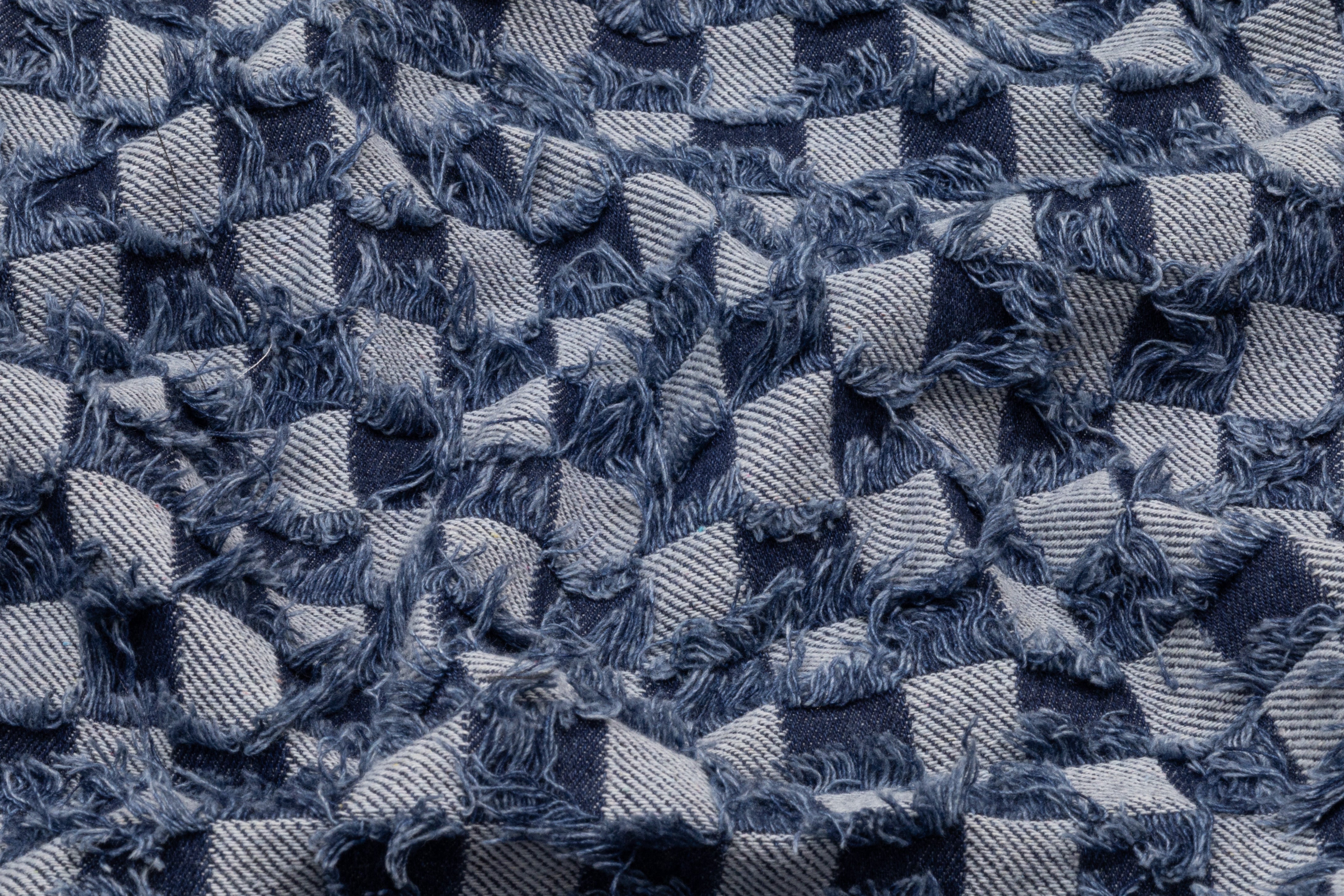Fringed Checked Italian Denim - Blue