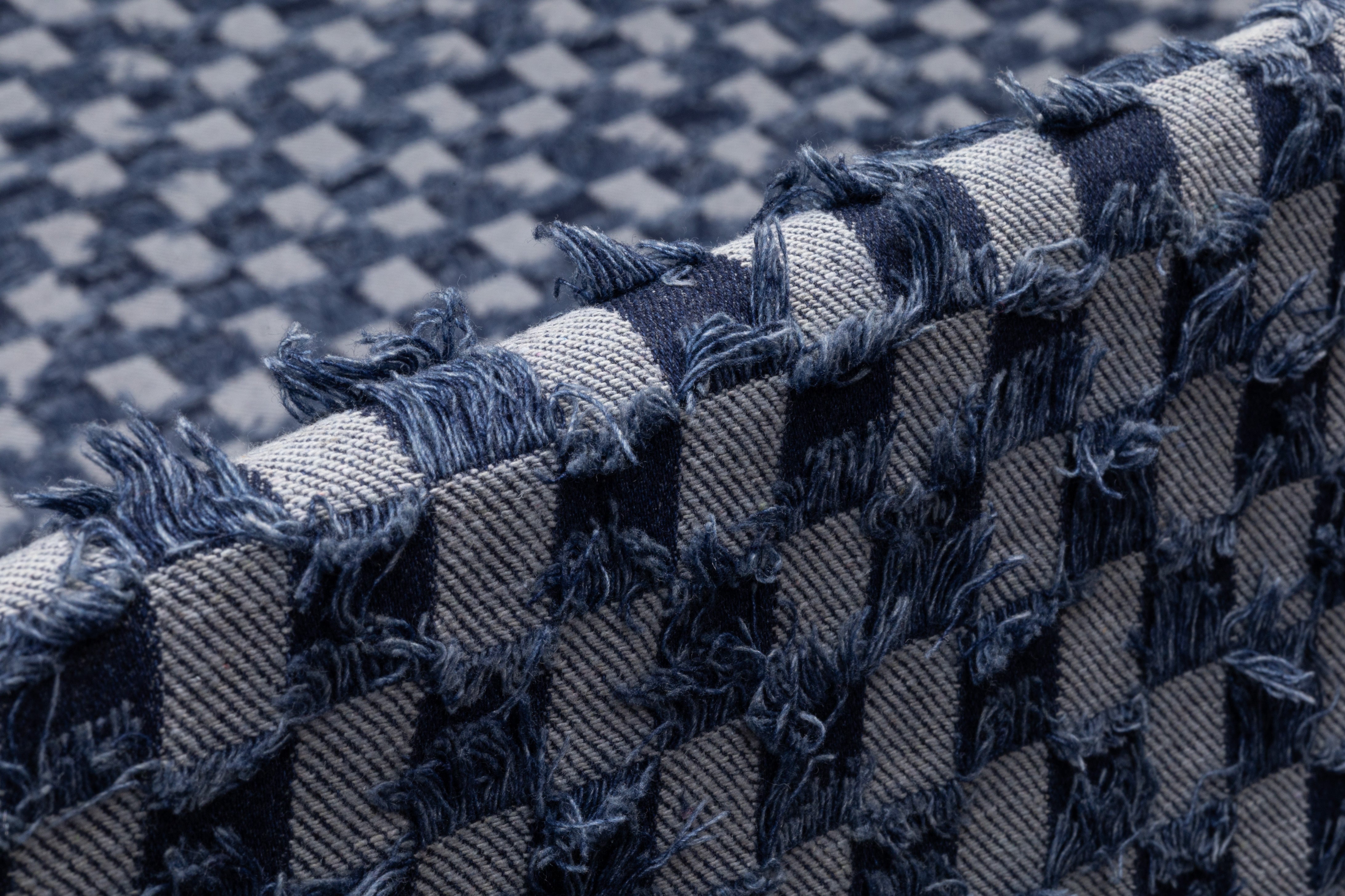 Fringed Checked Italian Denim - Blue