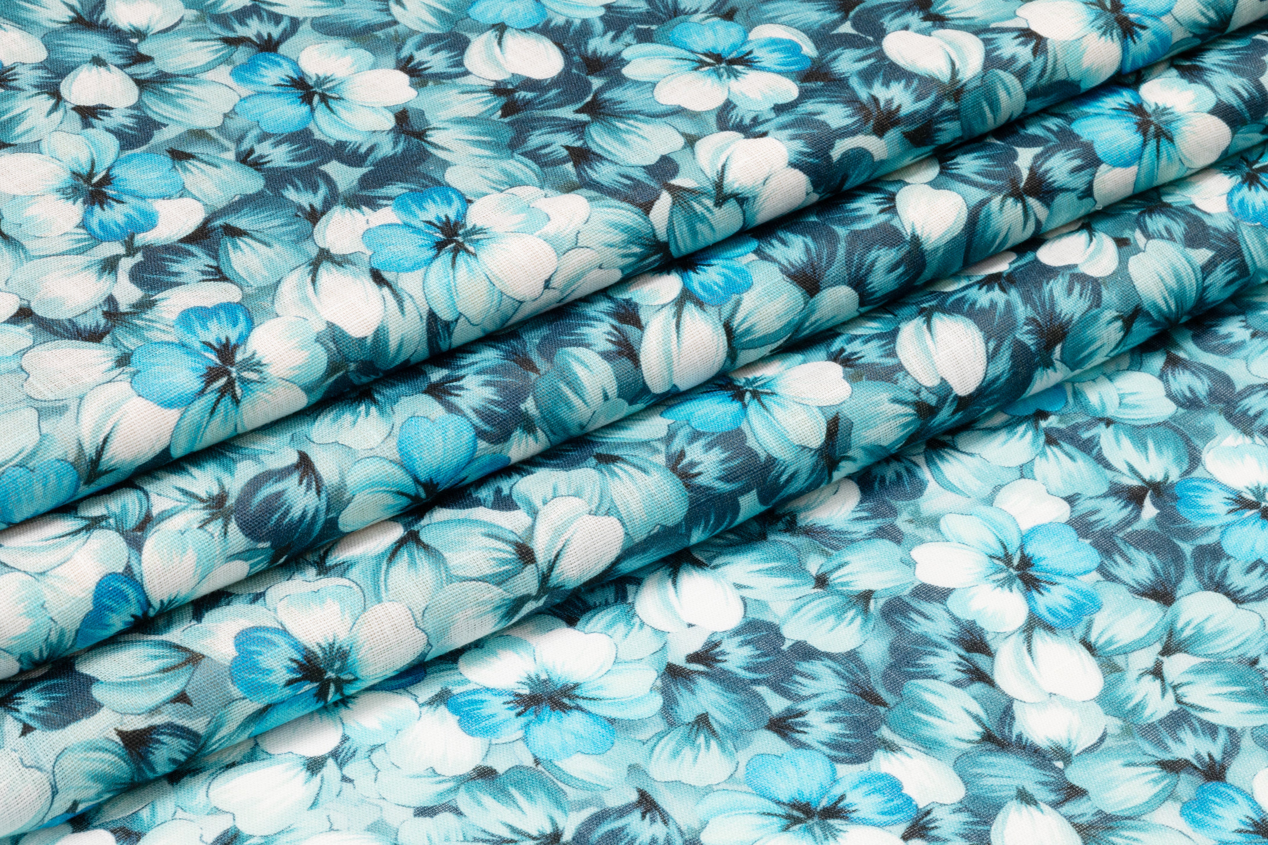 Floral Italian Linen - Aqua Blue