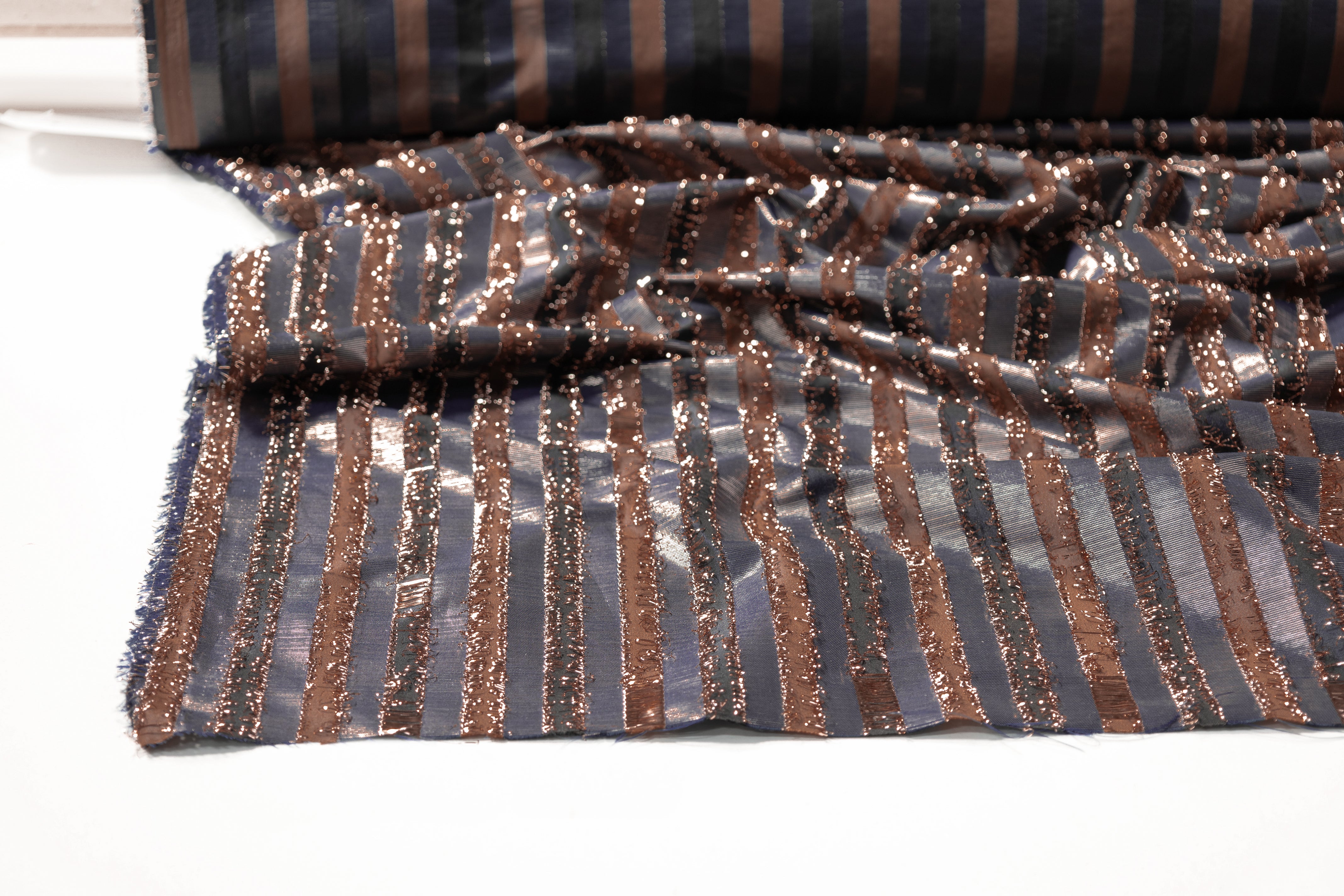 Striped Metallic Fringed Italian Jacquard - Navy / Bronze