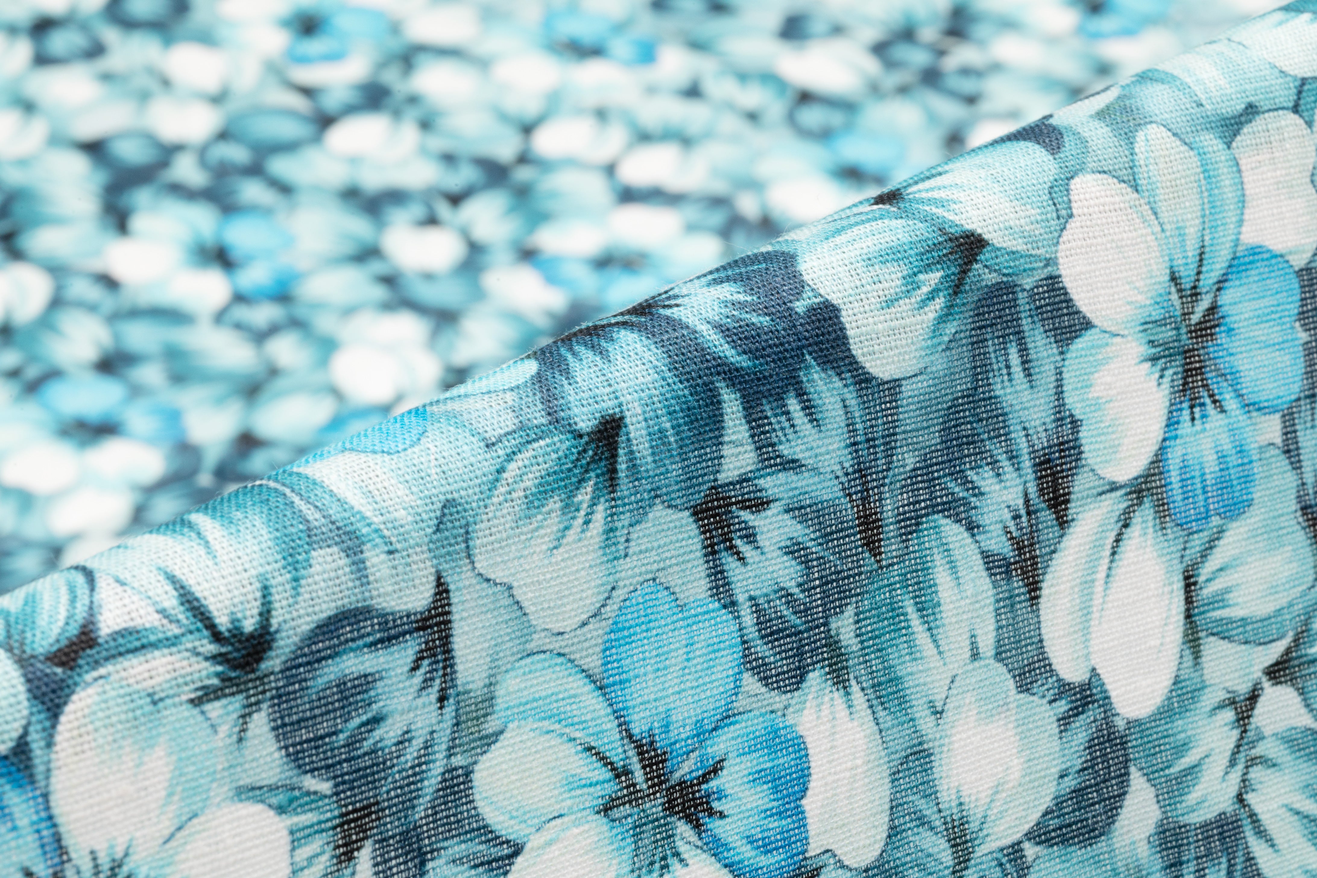 Floral Italian Linen - Aqua Blue