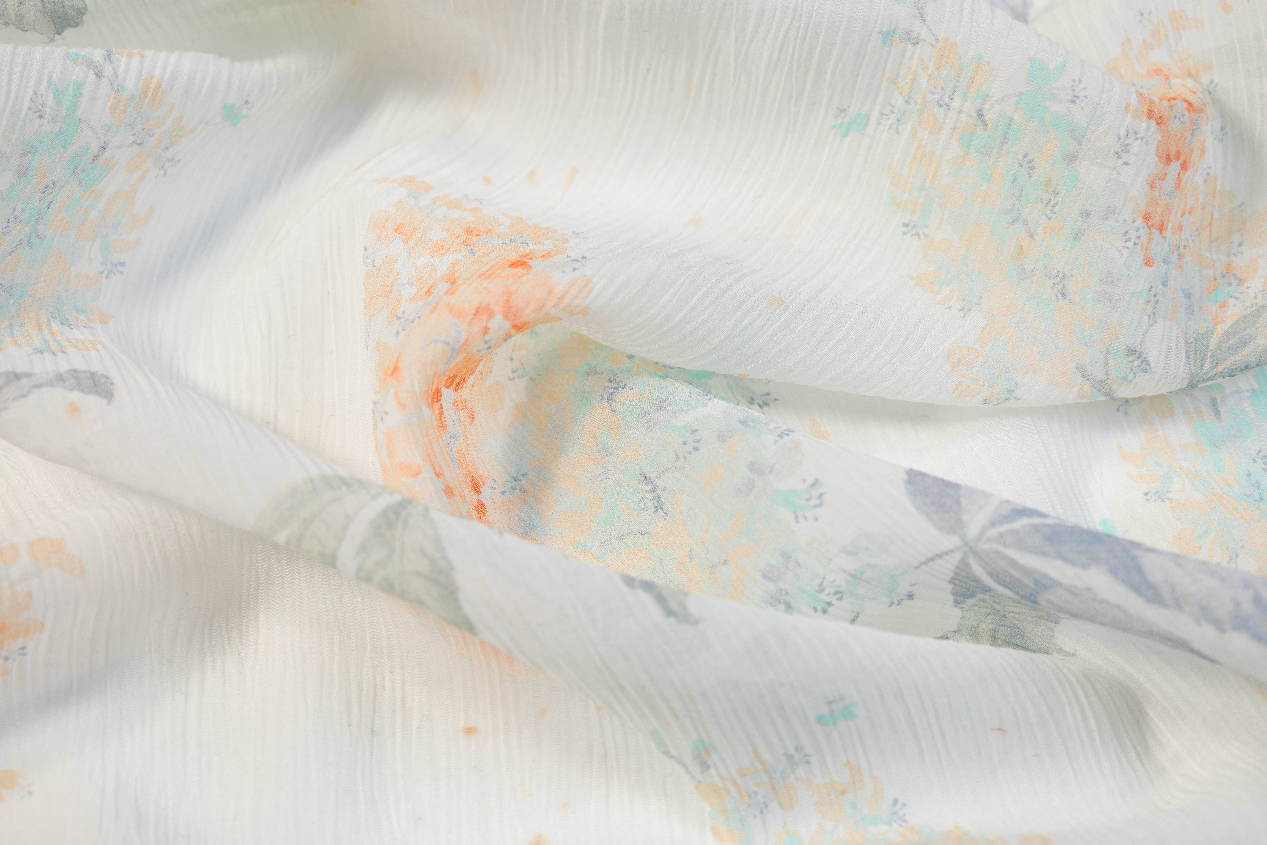 Floral Crinkled Silk Viscose Chiffon - White