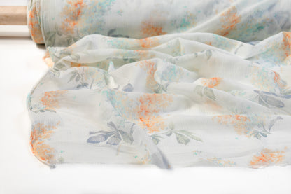 Floral Crinkled Silk Viscose Chiffon - White