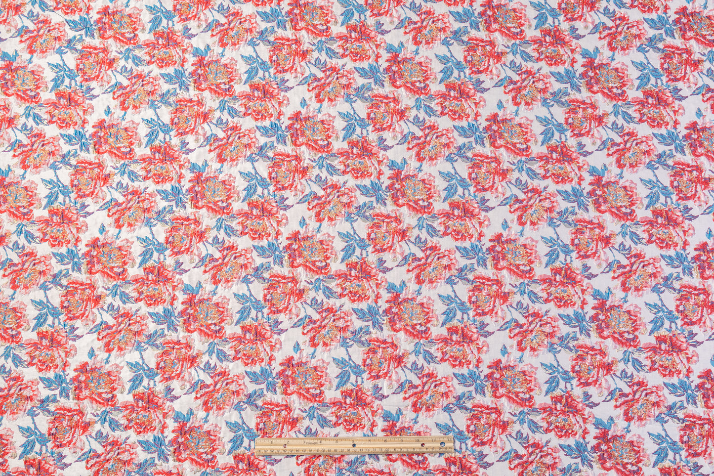 Floral Crushed Metallic Brocade - Red / Blue