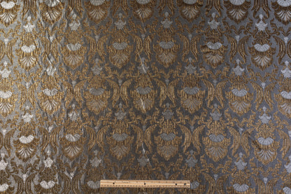 Crushed Metallic Damask Brocade - Antique Brass / Gray