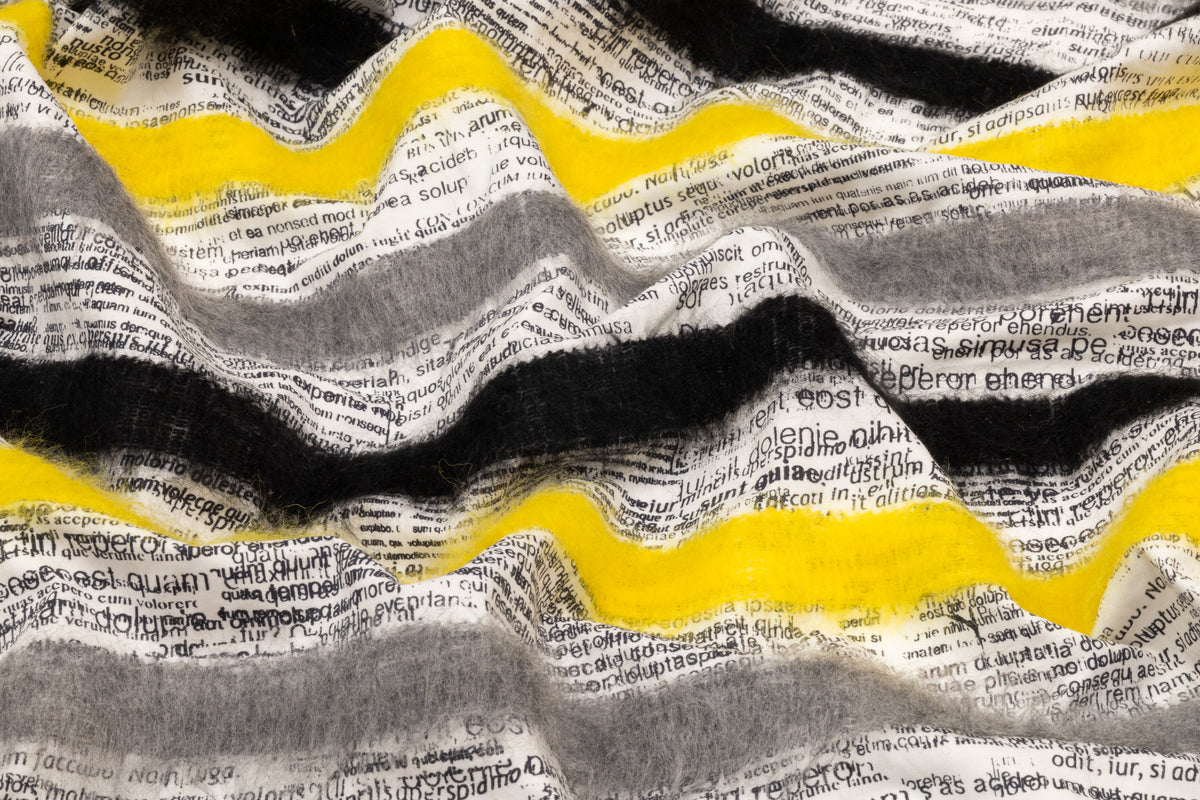 Wool Fringed Cotton Newspaper Print - Black / Yellow / Gray / White