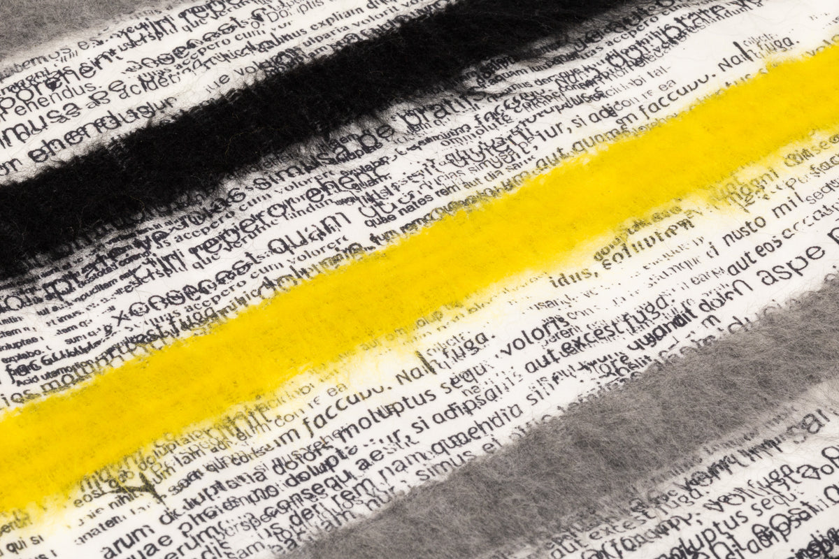 Wool Fringed Cotton Newspaper Print - Black / Yellow / Gray / White
