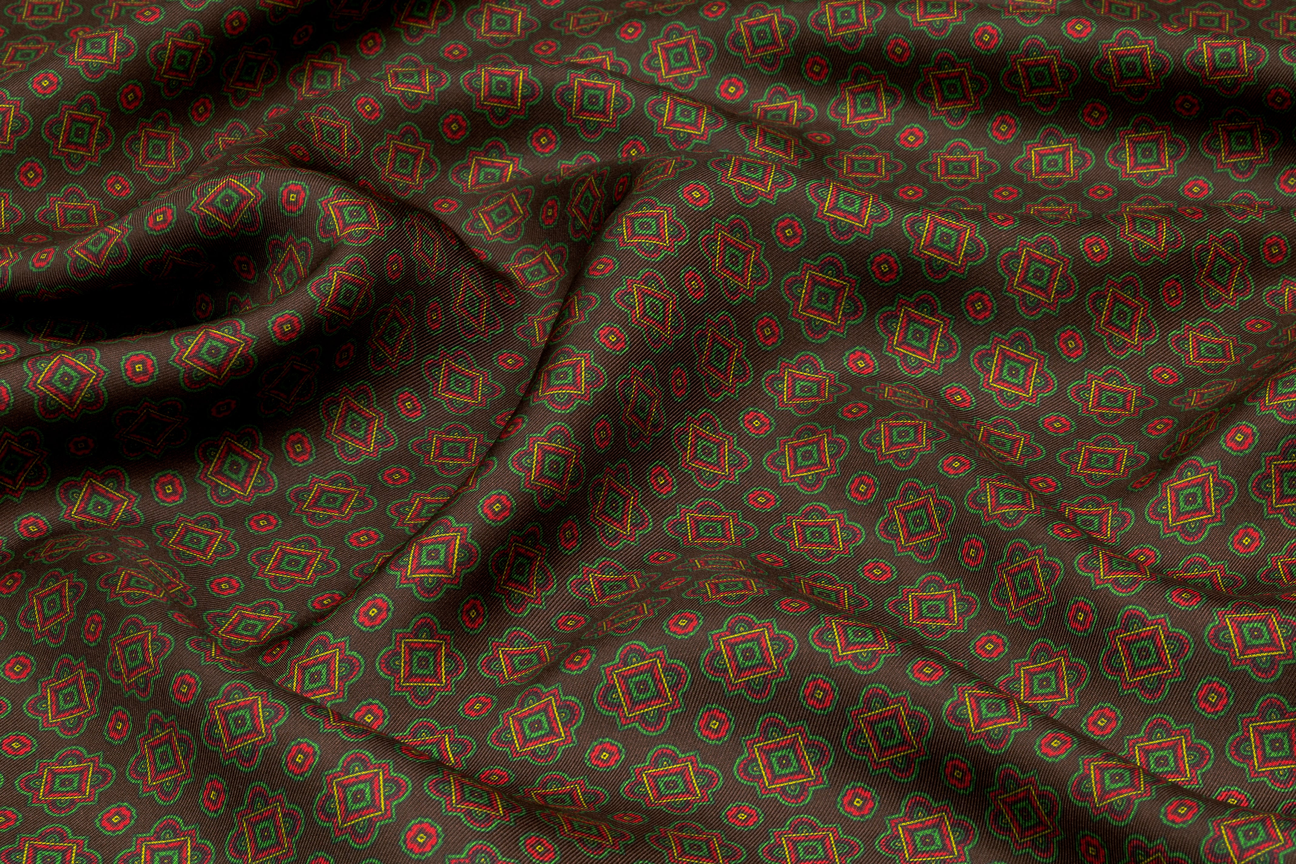 Foulard Medallion Italian Silk Twill - Brown / Green / Red