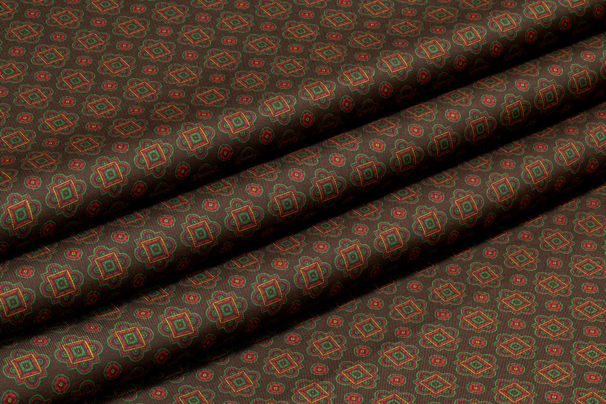 Foulard Medallion Italian Silk Twill - Brown / Green / Red