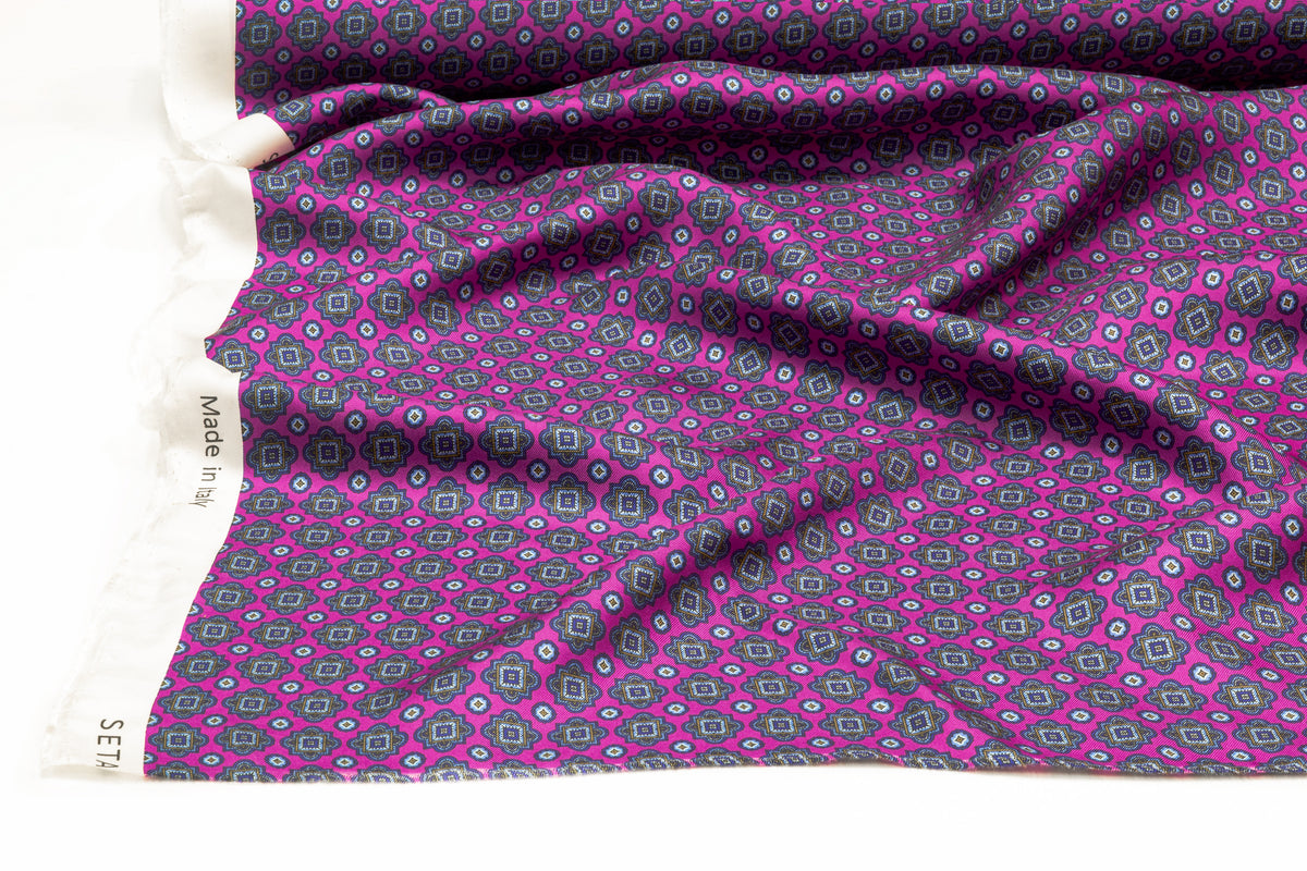 Foulard Medallion Italian Silk Twill - Fuchsia / Blue