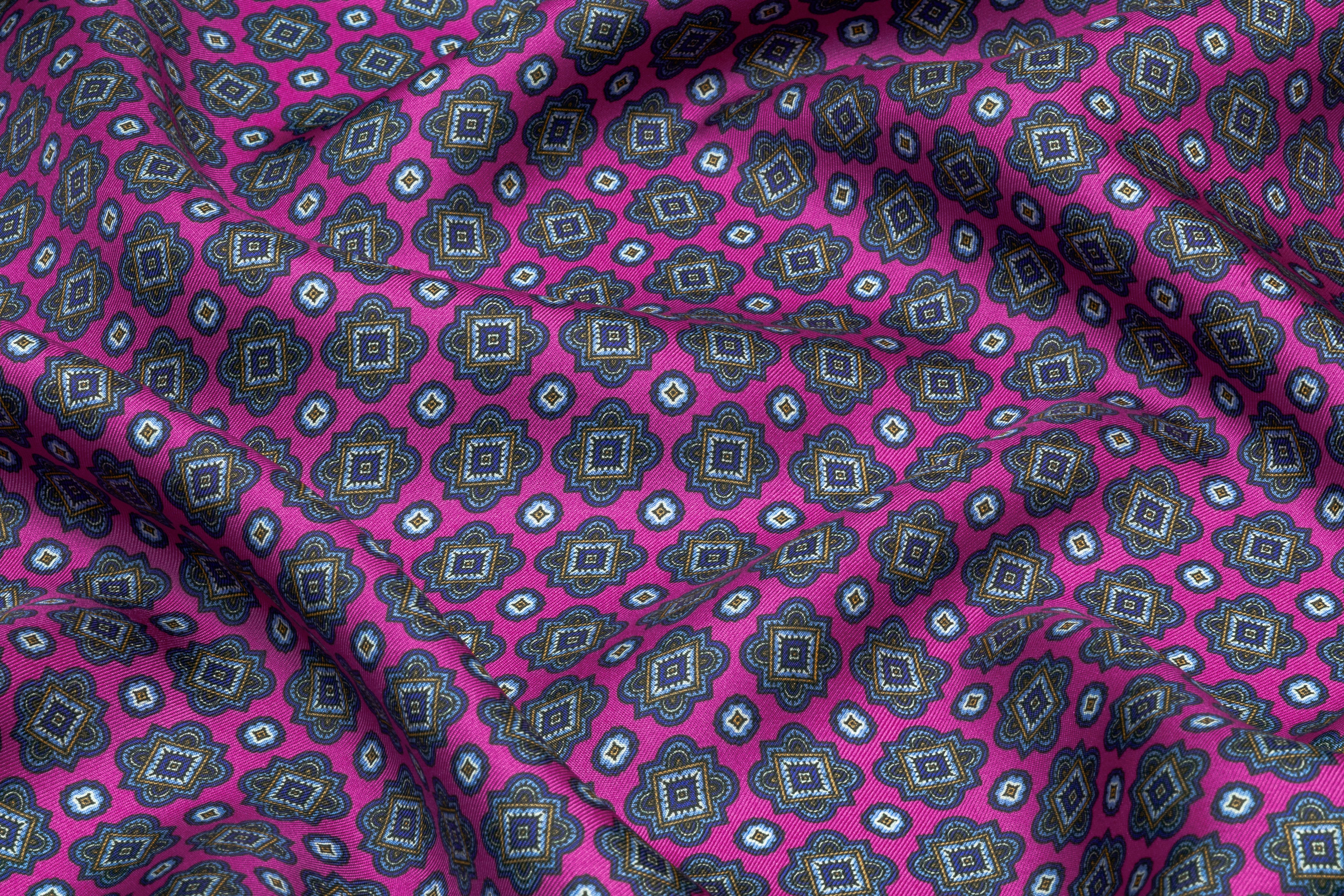 Foulard Medallion Italian Silk Twill - Fuchsia / Blue