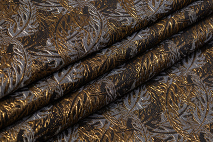 Floral Crushed Metallic Brocade - Antique Brass / Gray