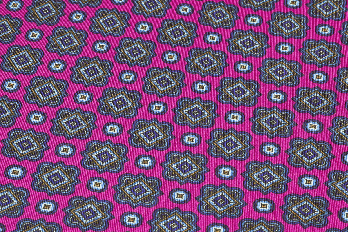 Foulard Medallion Italian Silk Twill - Fuchsia / Blue
