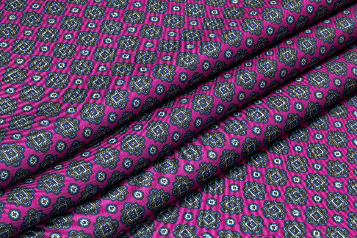 Foulard Medallion Italian Silk Twill - Fuchsia / Blue