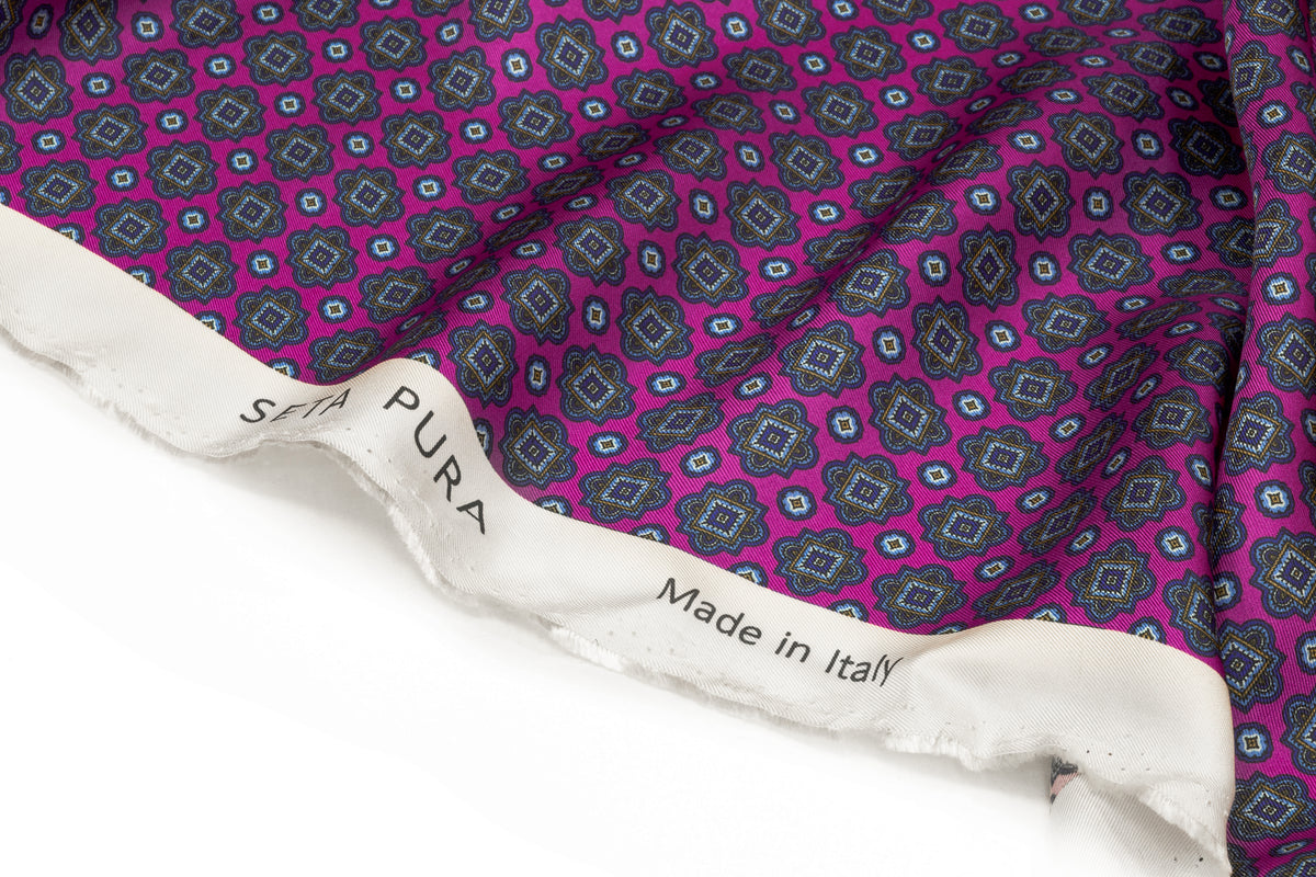 Foulard Medallion Italian Silk Twill - Fuchsia / Blue