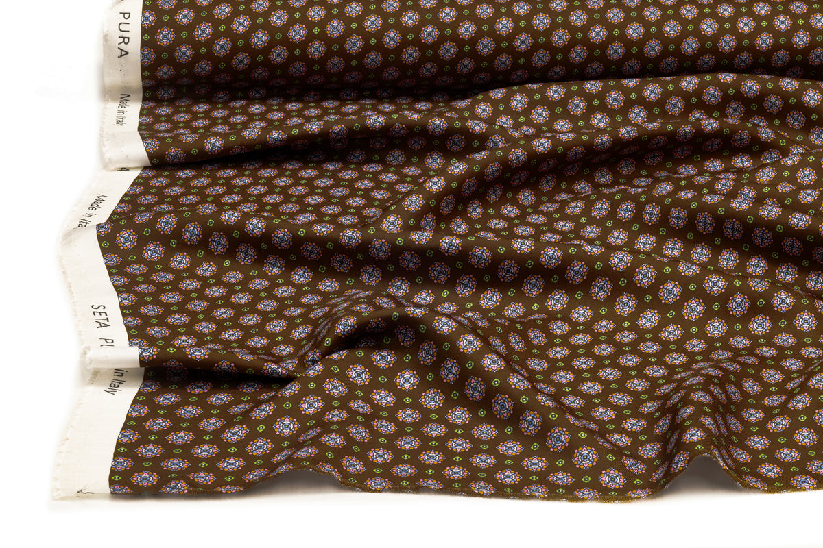 Foulard Medallion Italian Silk Twill - Brown / Green / Orange