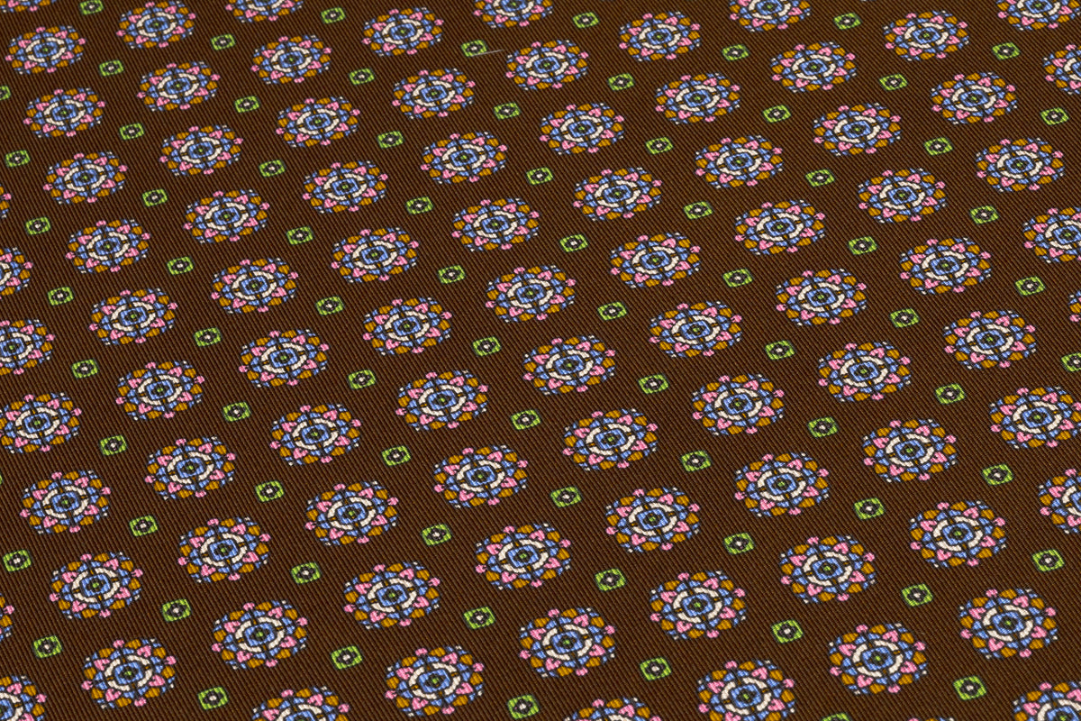Foulard Medallion Italian Silk Twill - Brown / Green / Orange