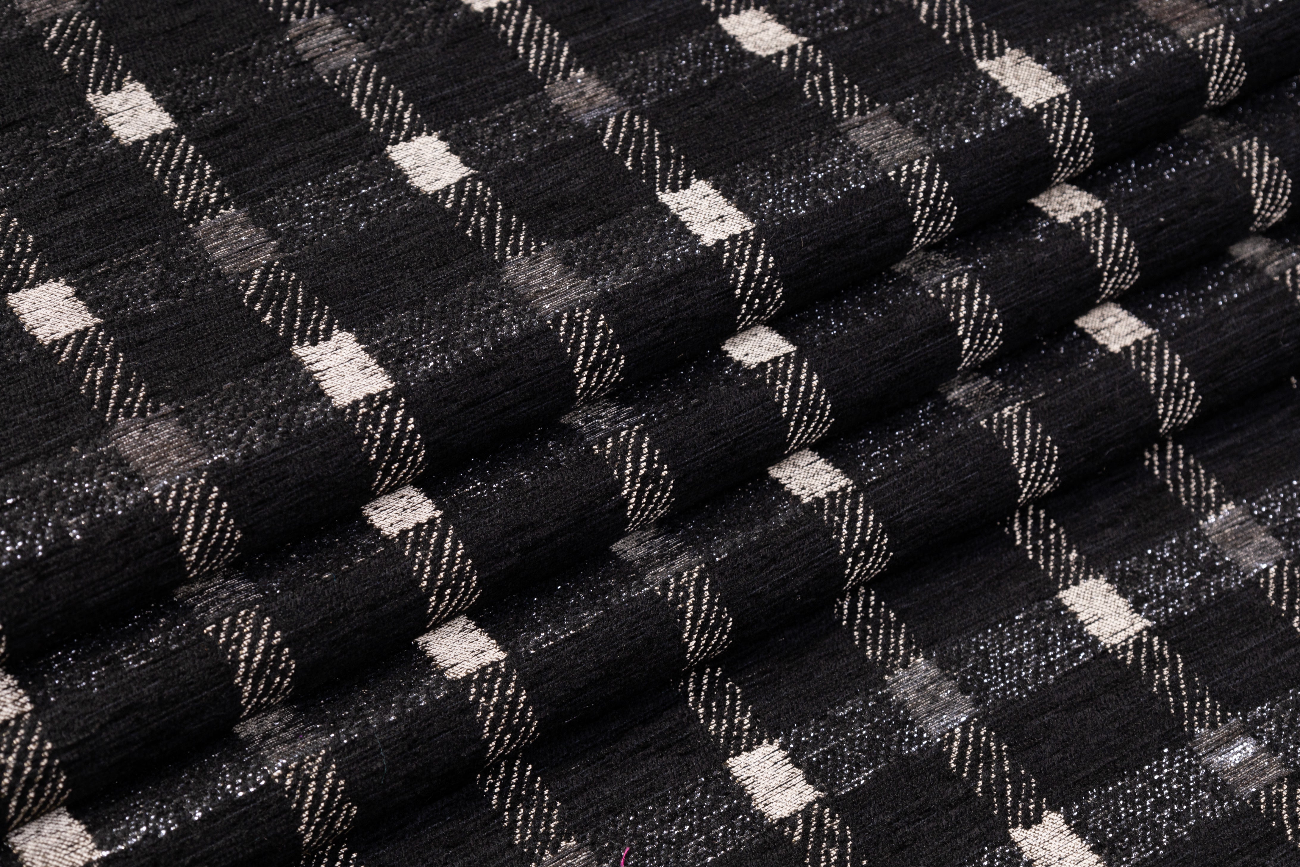 Checked Metallic Italian Chenille Brocade - Black / Silver / Champagne