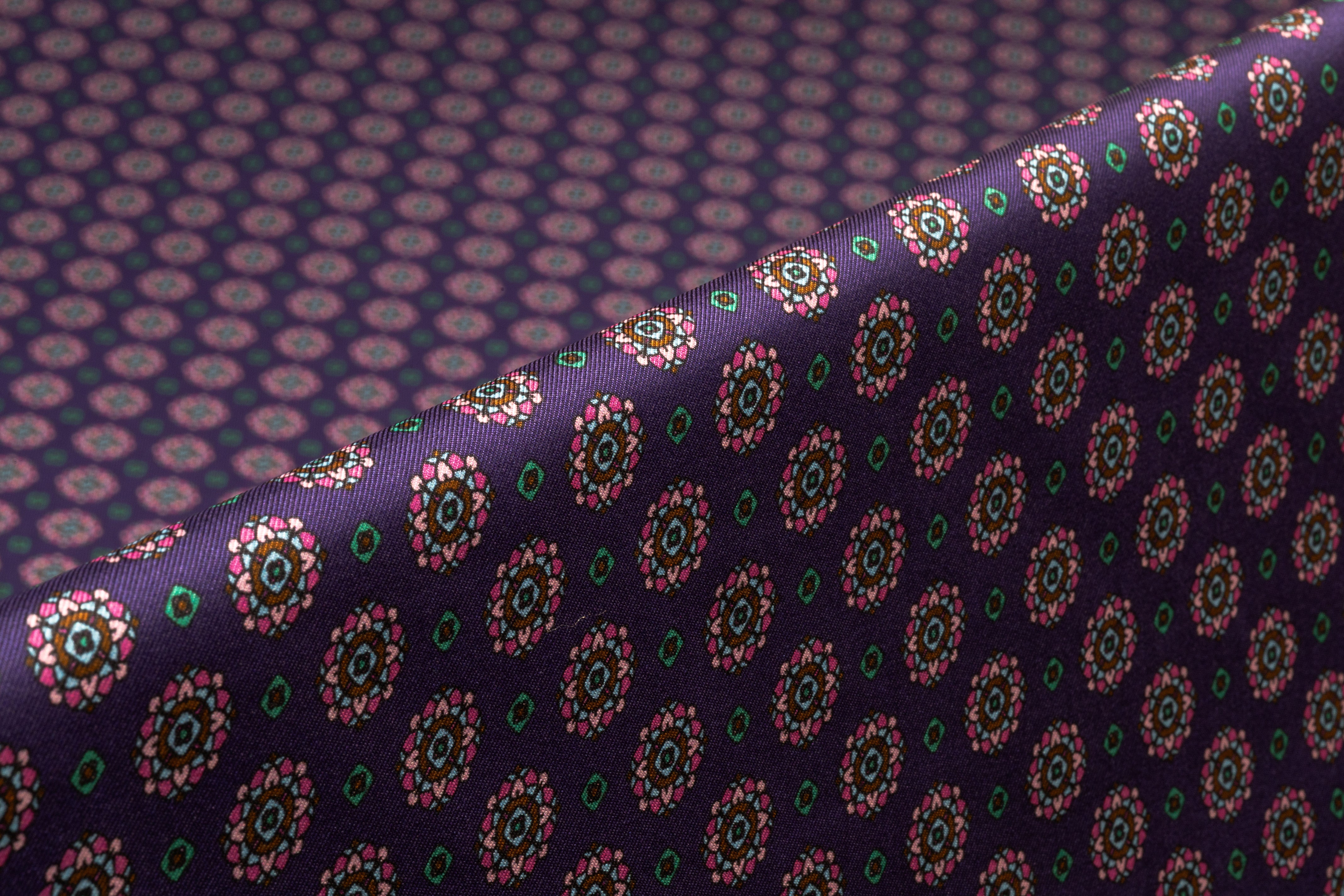 Foulard Medallion Italian Silk Twill - Purple / Green / Pink