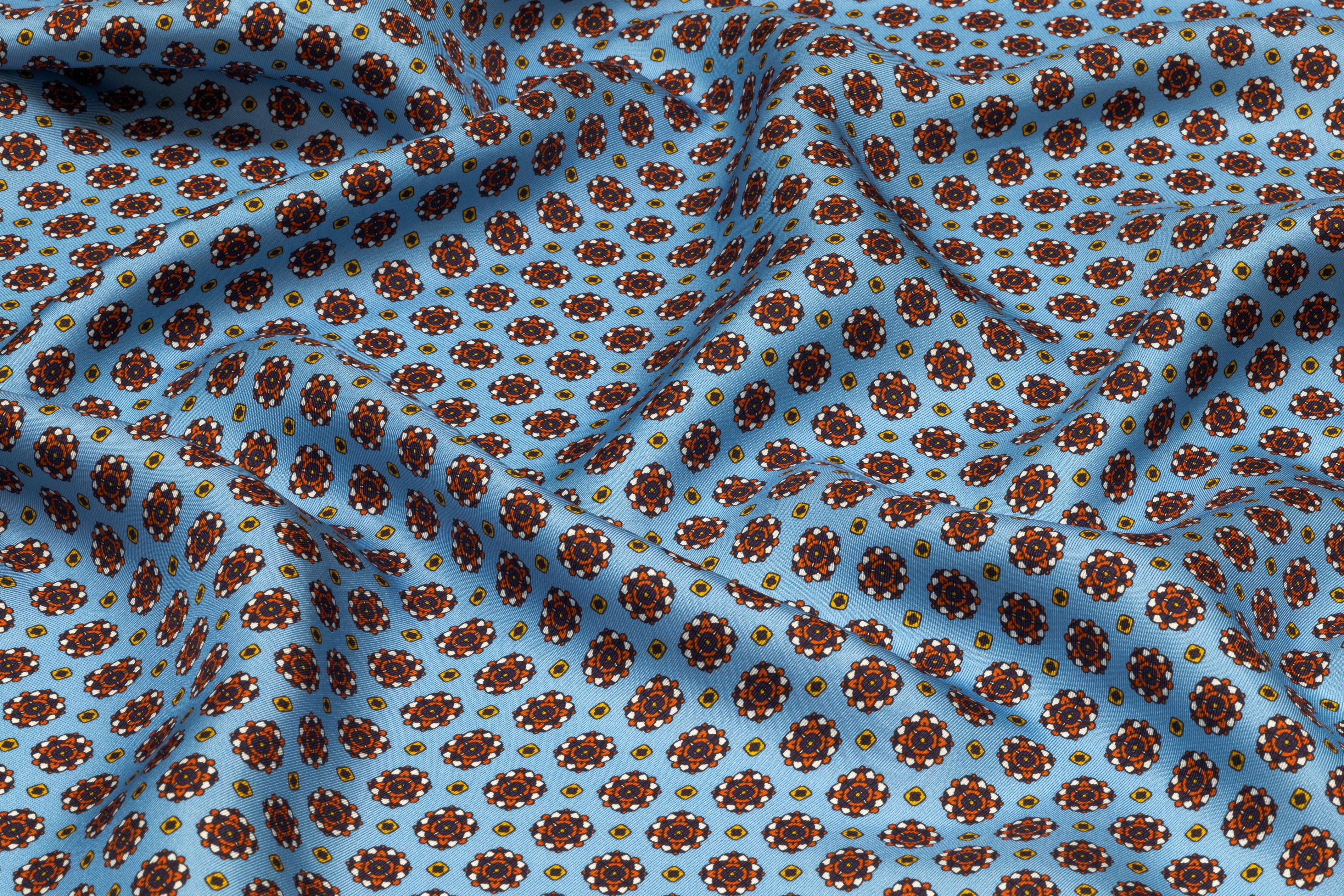 Foulard Medallion Italian Silk Twill - Carolina Blue / Rust