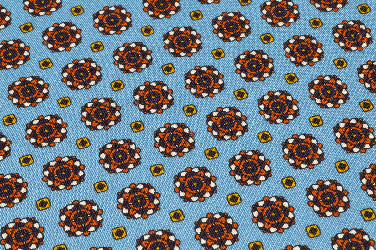 Foulard Medallion Italian Silk Twill - Carolina Blue / Rust