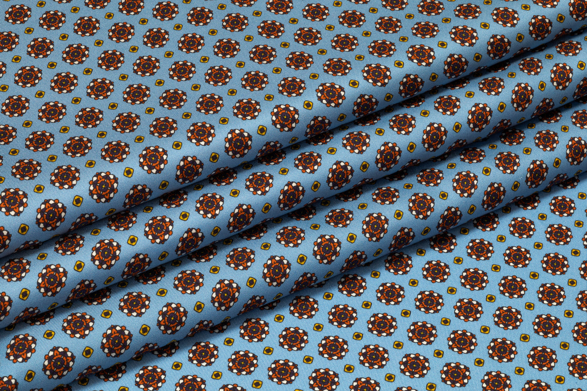 Foulard Medallion Italian Silk Twill - Carolina Blue / Rust