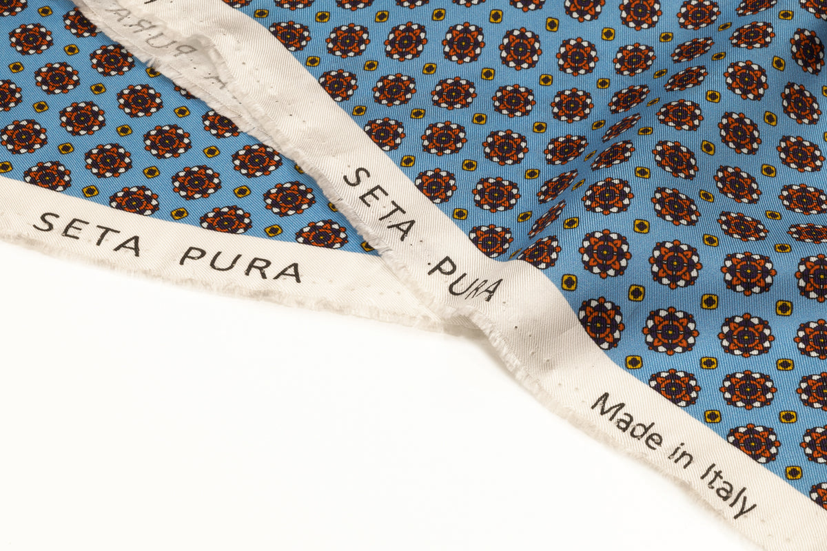 Foulard Medallion Italian Silk Twill - Carolina Blue / Rust