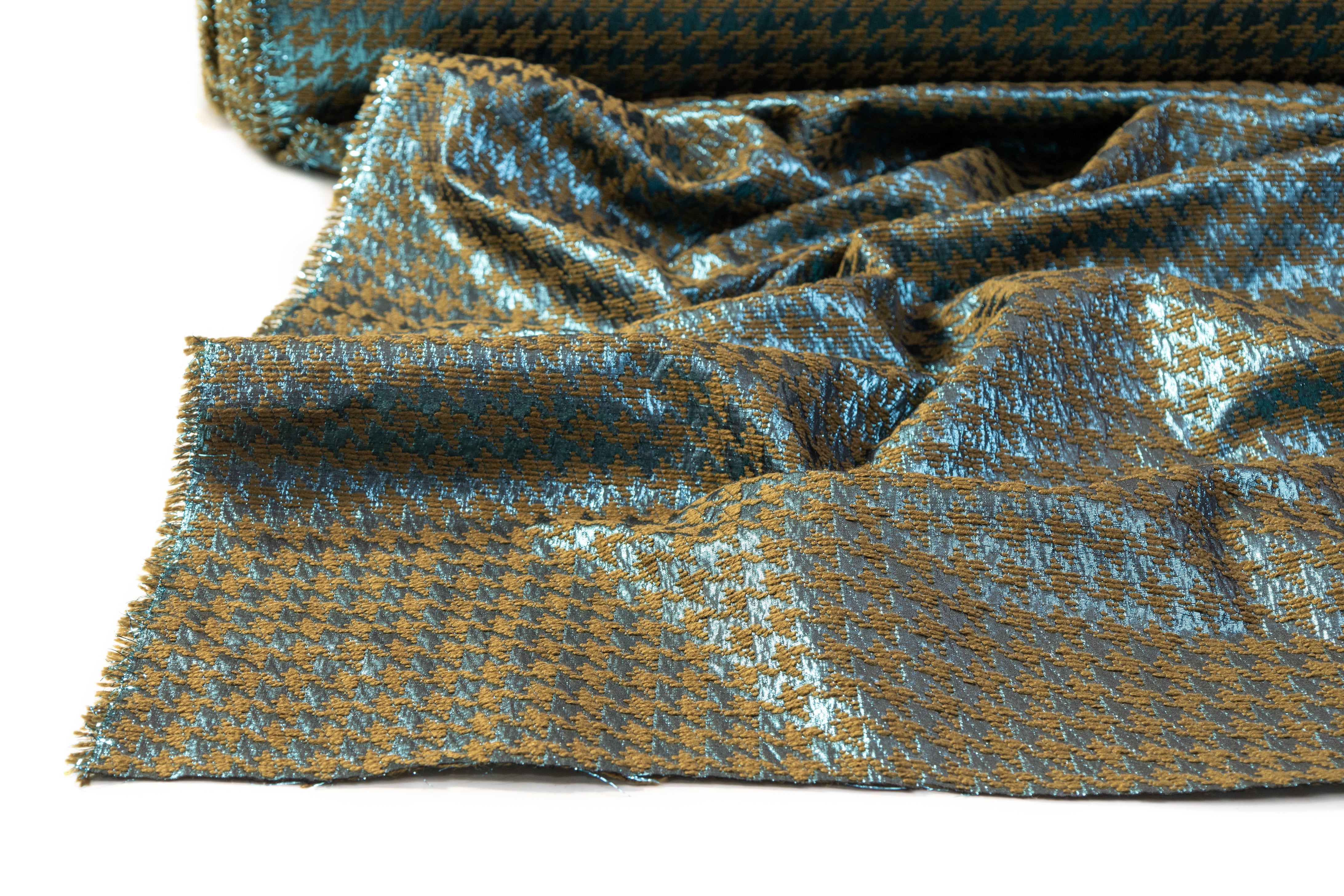 Houndstooth Metallic Italian Chenille Brocade - Green / Blue