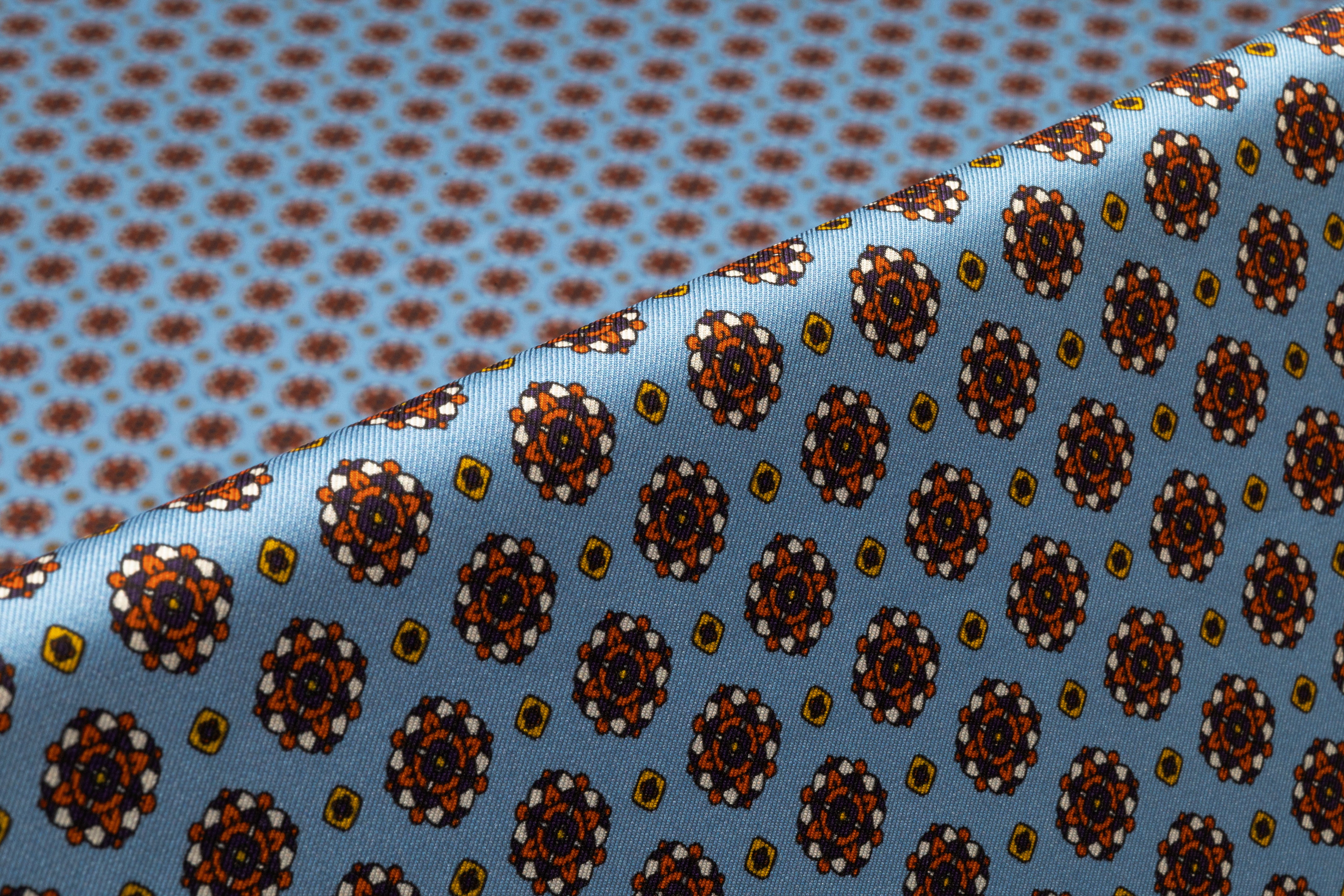 Foulard Medallion Italian Silk Twill - Carolina Blue / Rust