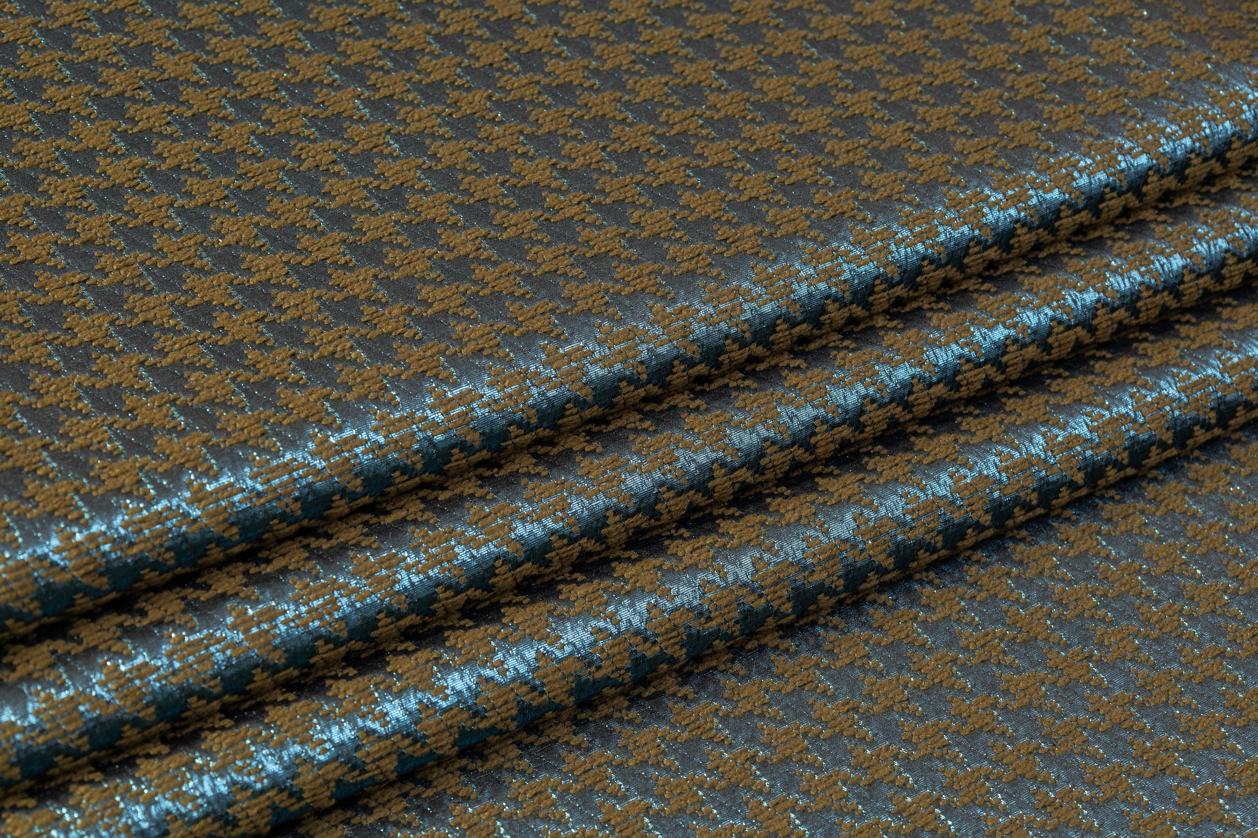 Houndstooth Metallic Italian Chenille Brocade - Green / Blue