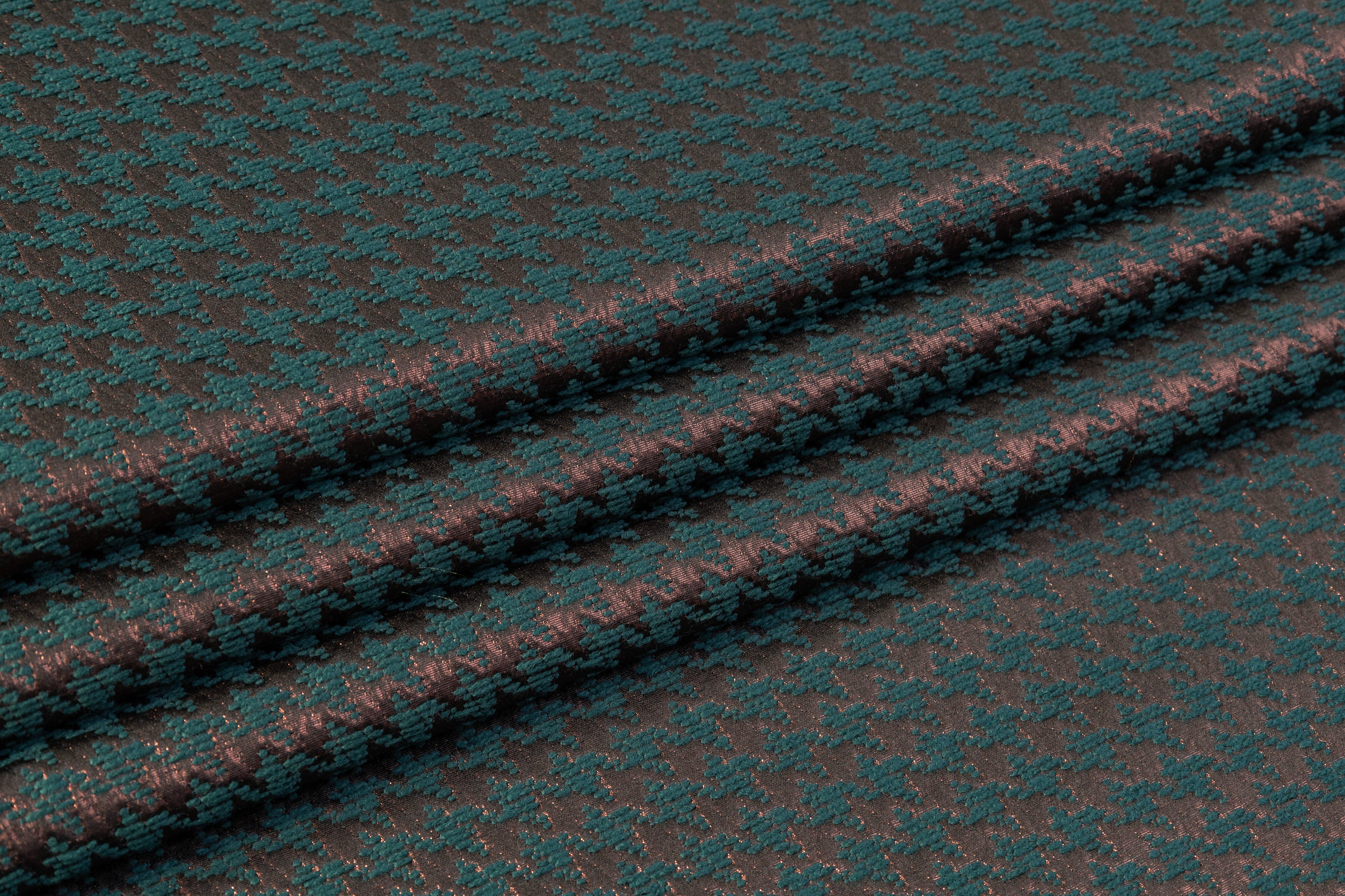 Houndstooth Metallic Italian Chenille Brocade - Teal / Bronze