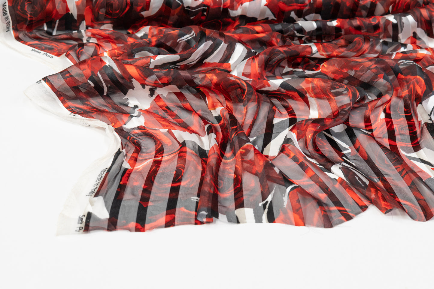 Floral Italian Silk Chiffon Burnout - Red / Black / White