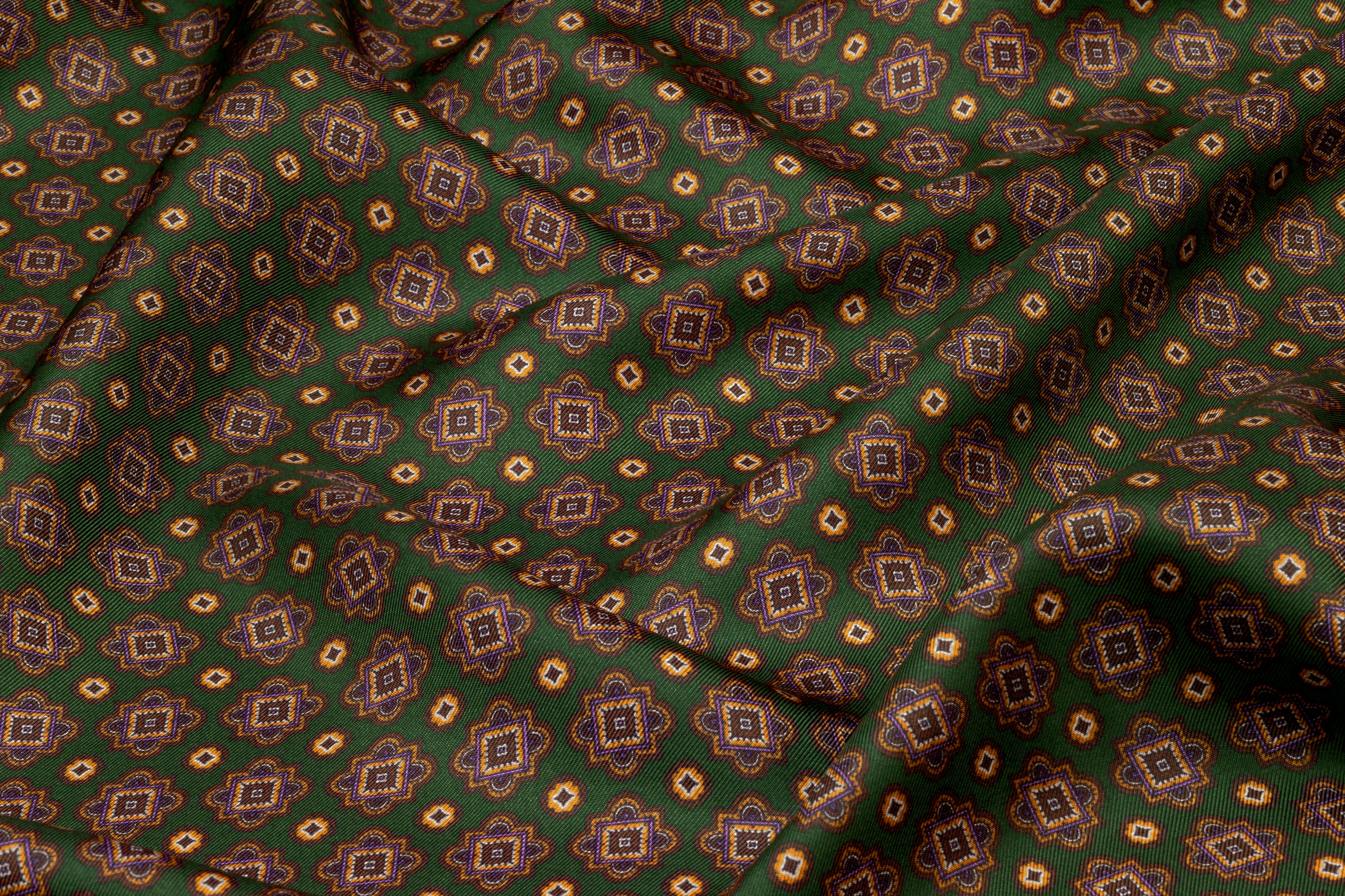 Foulard Medallion Italian Silk Twill - Green / Purple / Brown